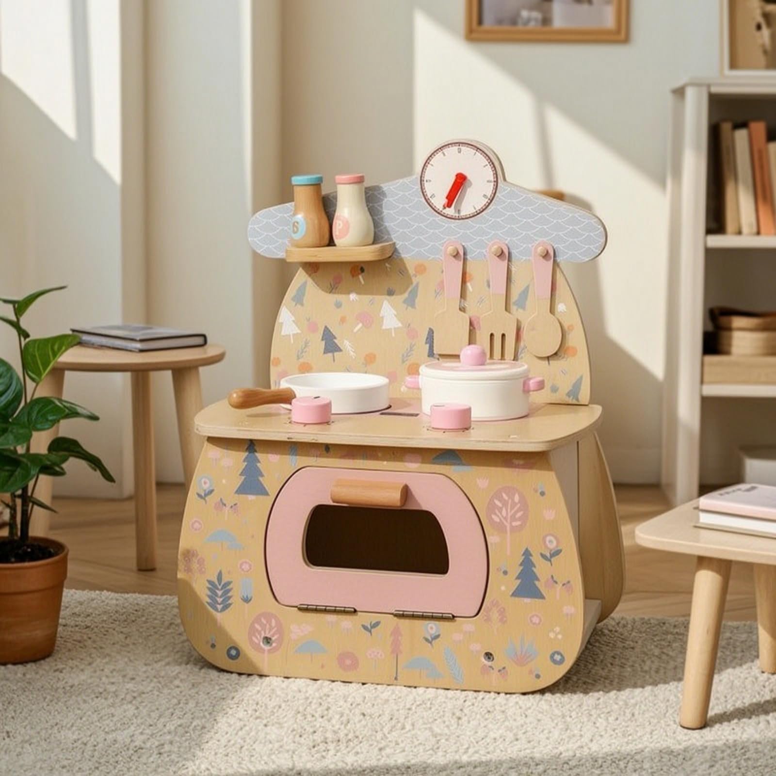 Colcolo Kinderküche Holz Spielküche mit Herd Backofen Kochfeld Pfanne Topf Küchenzubehör mit Knöpfen Und Spritzschutz aus Holz für Kleinkinder Spielzimmer Tagespflege