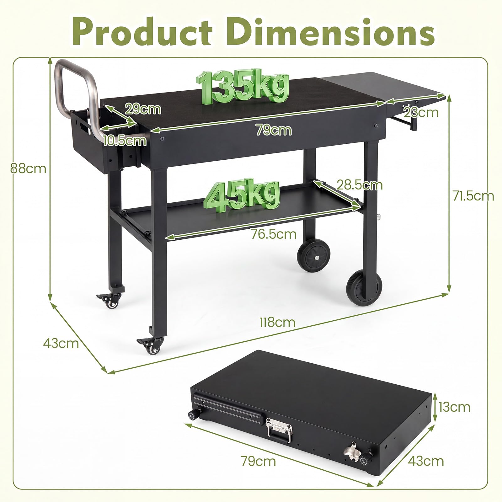 KOMFOTTEU Carrello Barbecue Portatile con 4 Ruote e Portautensili Magnetico | Carrello Cucina da Giardino con Ripiano Portaoggetti, Portaspezie, Apribottiglie e Ganci, 118x43x88 cm