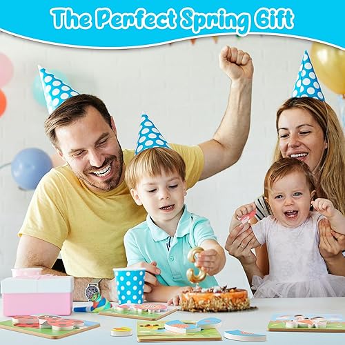 Miniatura 6 de MiniInflat Paquete de 12 rompecabezas de madera de Pascua, regalo para niños pequeños, aprendizaje educativo, primavera, mariposa, flor, abeja,