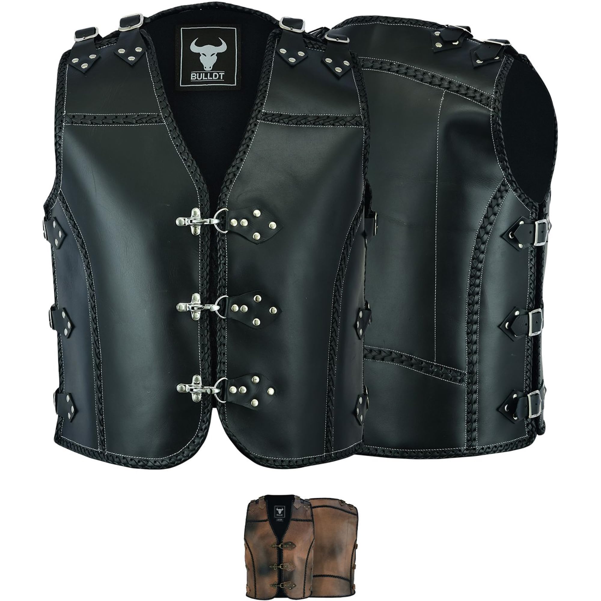 BULLDT Lederweste Herren Kalbsleder geflochten – 1,5mm Dickleder Motorradweste - Lederkutte Handgefertigt - verstellbar mit Carabiner-Verschluss – Clubweste Schwarz/Antikbraun Robust