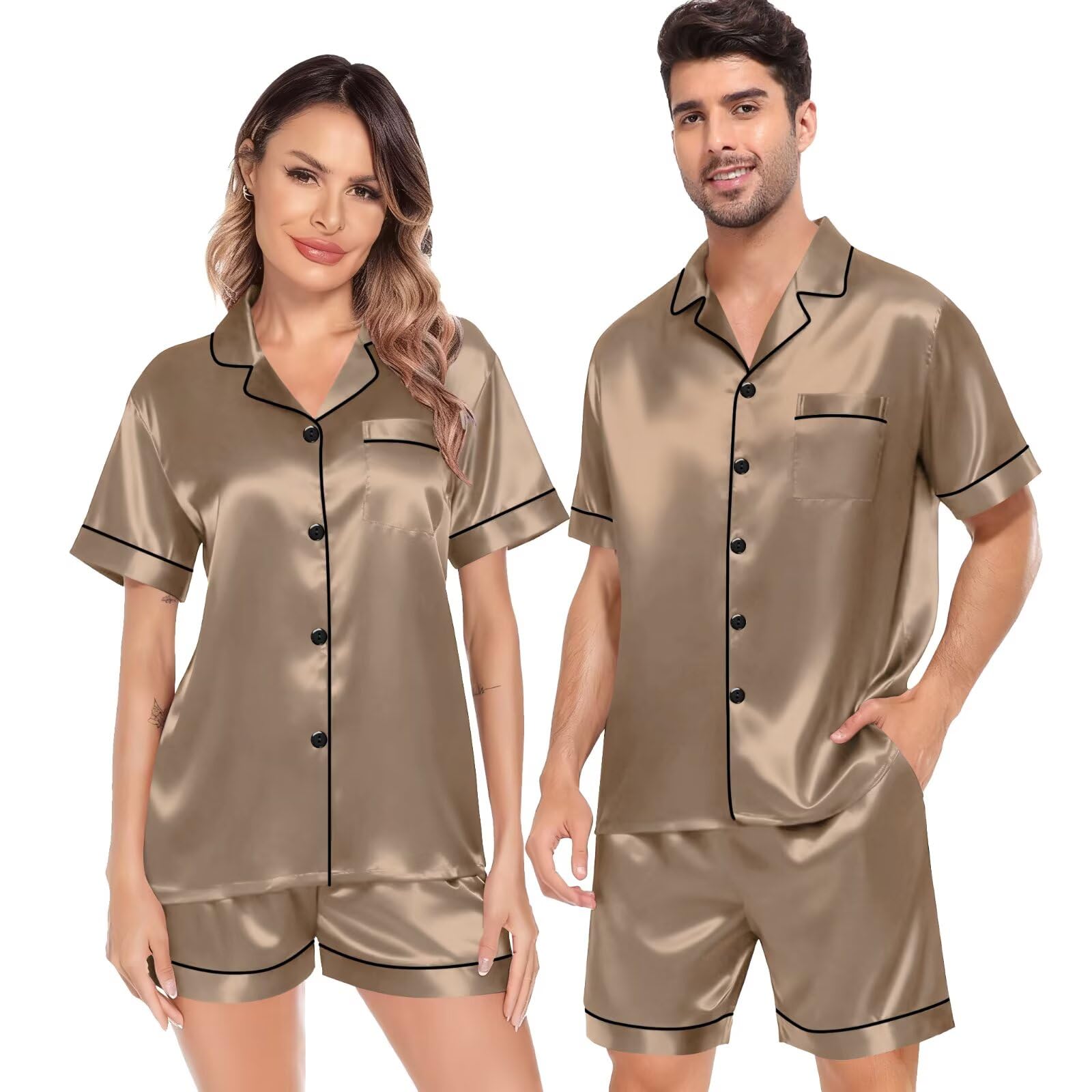 SWOMOG Satin Matching Pajamas Sets Couple Silk Button Down Nightwear Women &amp; Men Short Sleeve Sleepwear 2 Pieces Loungewear