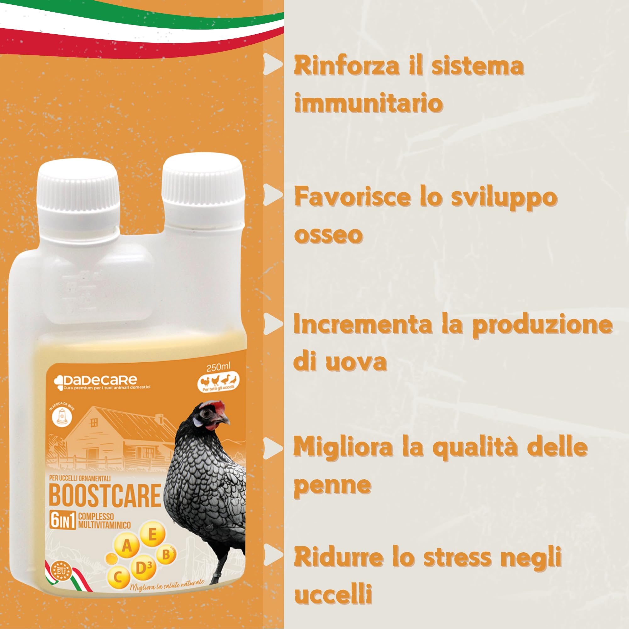 Multivitaminico 6 in 1 250ml Uccelli | Vitamine A-E-D-C-B| Mangime complementare per abbeveratoio galline, polli, piccioni, pappagalli e parrocchetti con dosatore - Boostcare