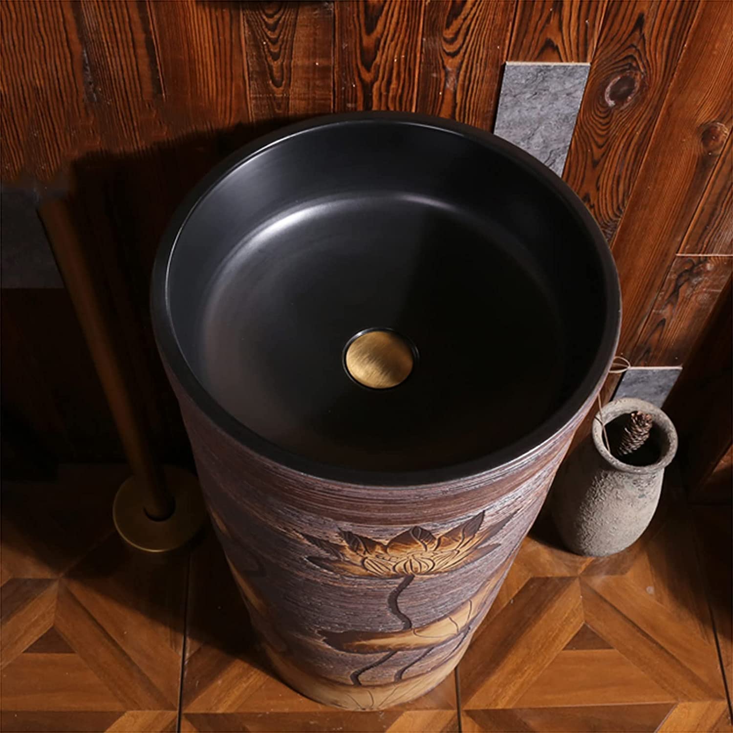 Wolnostojąca umywalka łazienkowa na cokole, sztuka, hotel, dom, zlew na cokole, ręcznie wykonana ceramiczna umywalka na cokole, zlew okrągły z gliny kaolinowej (A bez lustra)