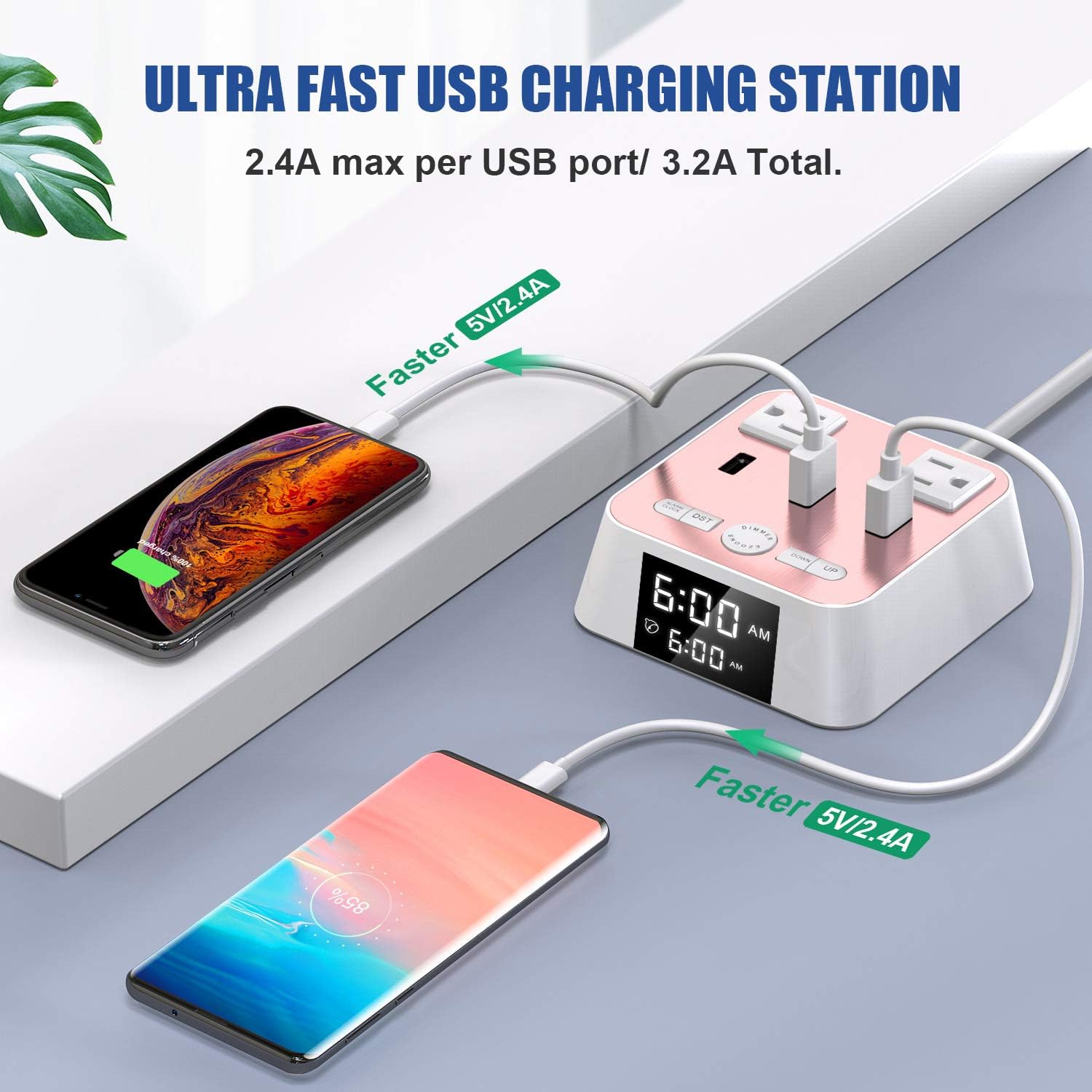 Alarm Clock with USB Charger - Alarm Clock Charging Station Dock with 3 USB Charging Ports and 2 AC Outlets Surge Protector, 6ft cord UL Listed, Bedside USB Alarm Clock For Home Bedrooms Dorm Hotel