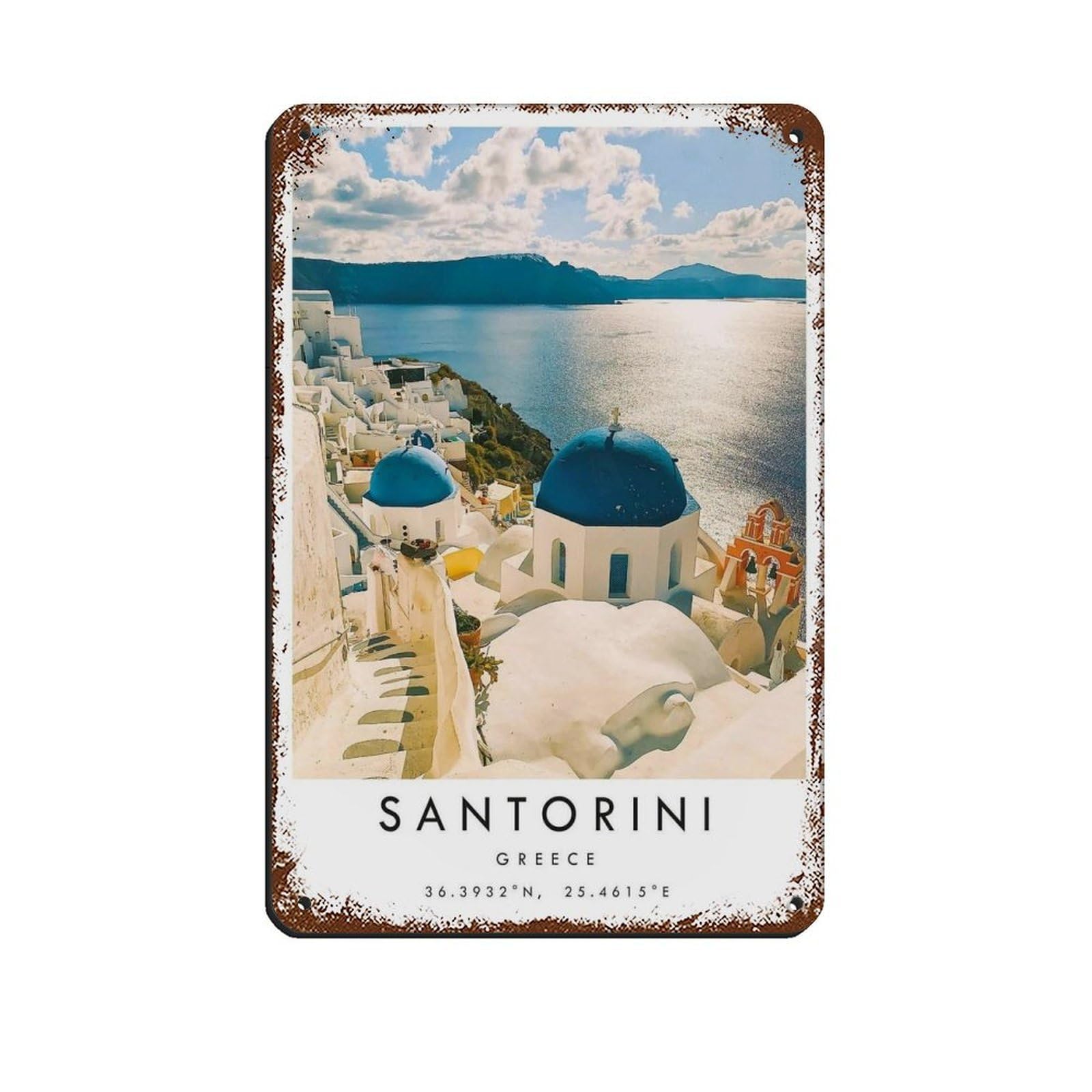 Santorini Travel, Greece Poster Retro Poster Metal Tin Sign Chic Art Retro Iron Painting Bar People Cave Cafe Family Garage Poster Wall Decoration 8x12inch(20x30cm)