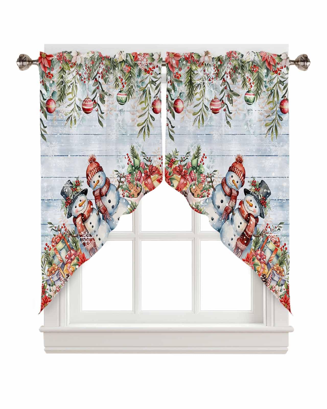 BEMIGO Christmas Red Eucalyptus Kitchen Valance Curtains, Farmhouse Swag Curtains, Cute Snowman Wood Grain for Bathroom Bedroom, Rod Pocket Window Panels Over Sink 36'' W x 36L,Set of 2