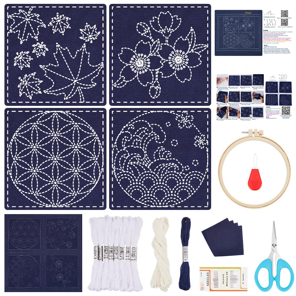 FREEBLOSS 4 Set Sottobicchieri Sashiko Kit fai da te con istruzioni Kit Sashiko per principianti Progetto pratico di Sashiko Kit per il ricamo dell'acero Sottobicchiere di stoffa stampato Sashiko