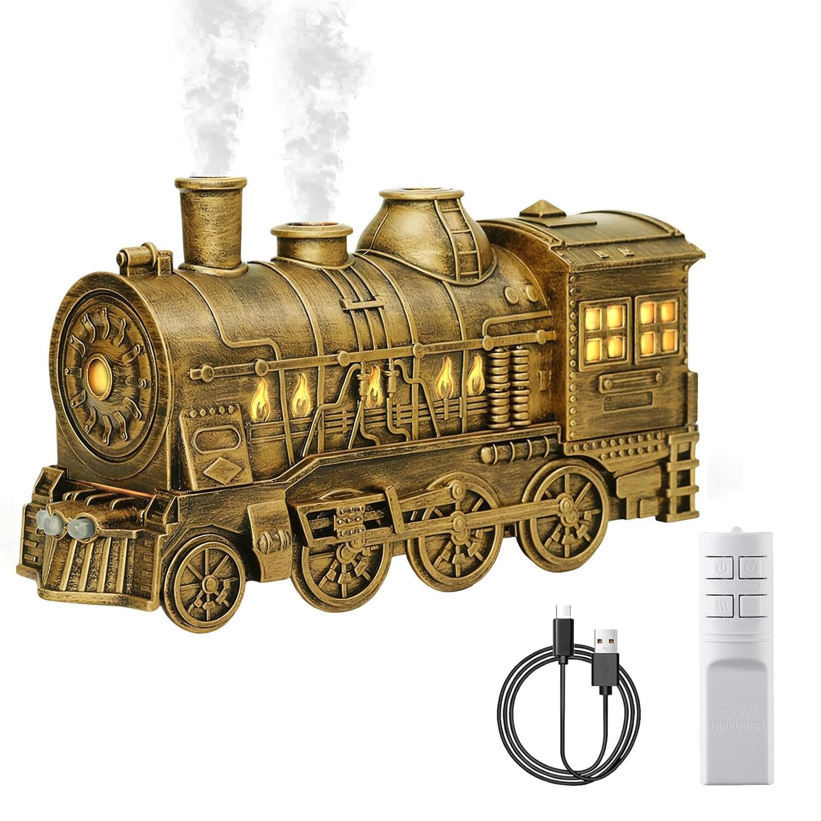 Aroma Diffuser für Ätherische Öle mit Fernbedienung,Luftbefeuchter Zug Diffusor 300ML,Zug Diffusor mit Züge Styling,2 Nebelmodi,4 LED Lichtfarben,Automatische Abschaltung,Flammeneffekt (Bronzefarben)