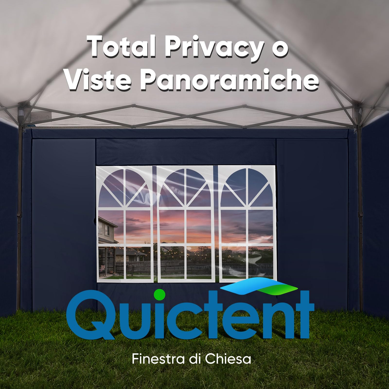 Quictent Gazebo Pieghevole 3x6m con Pareti Laterali con Finestre a Chiesa, Rifugio per Eventi ad Altezza Regolabile, Tenda Portatile per Feste in Giardino e Campeggio, Blu Scuro