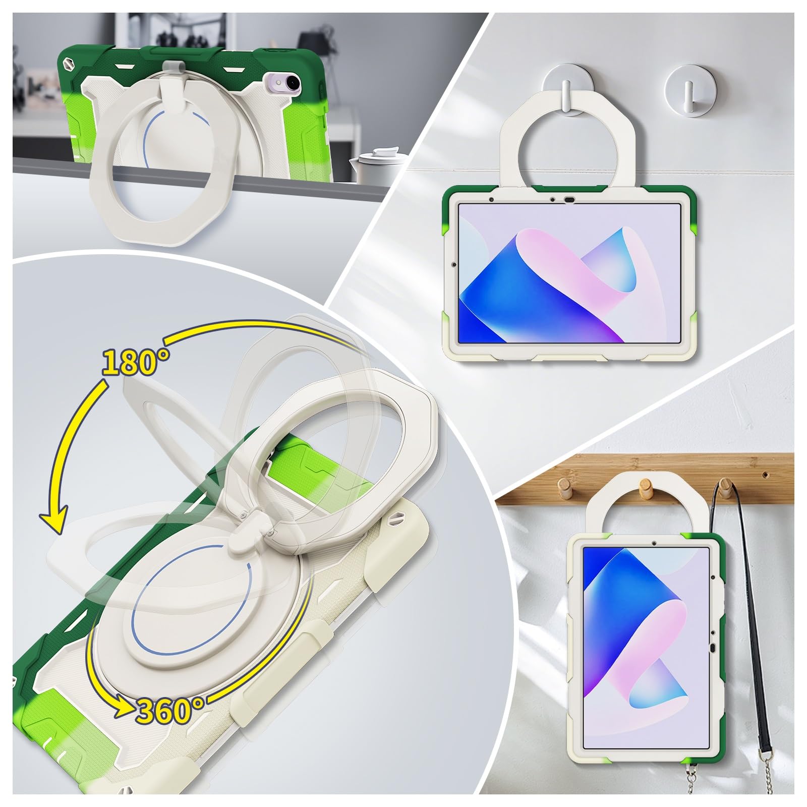 Wytrzymałe etui ochronne do Huawei MatePad 11 2023/2021 11", obrotowa podstawka 360°, pasek na ramię, uchwyt ołówek i pierścień uchwytu, odporna wstrząsy obudowa dla dzieci dorosłych(Green White)