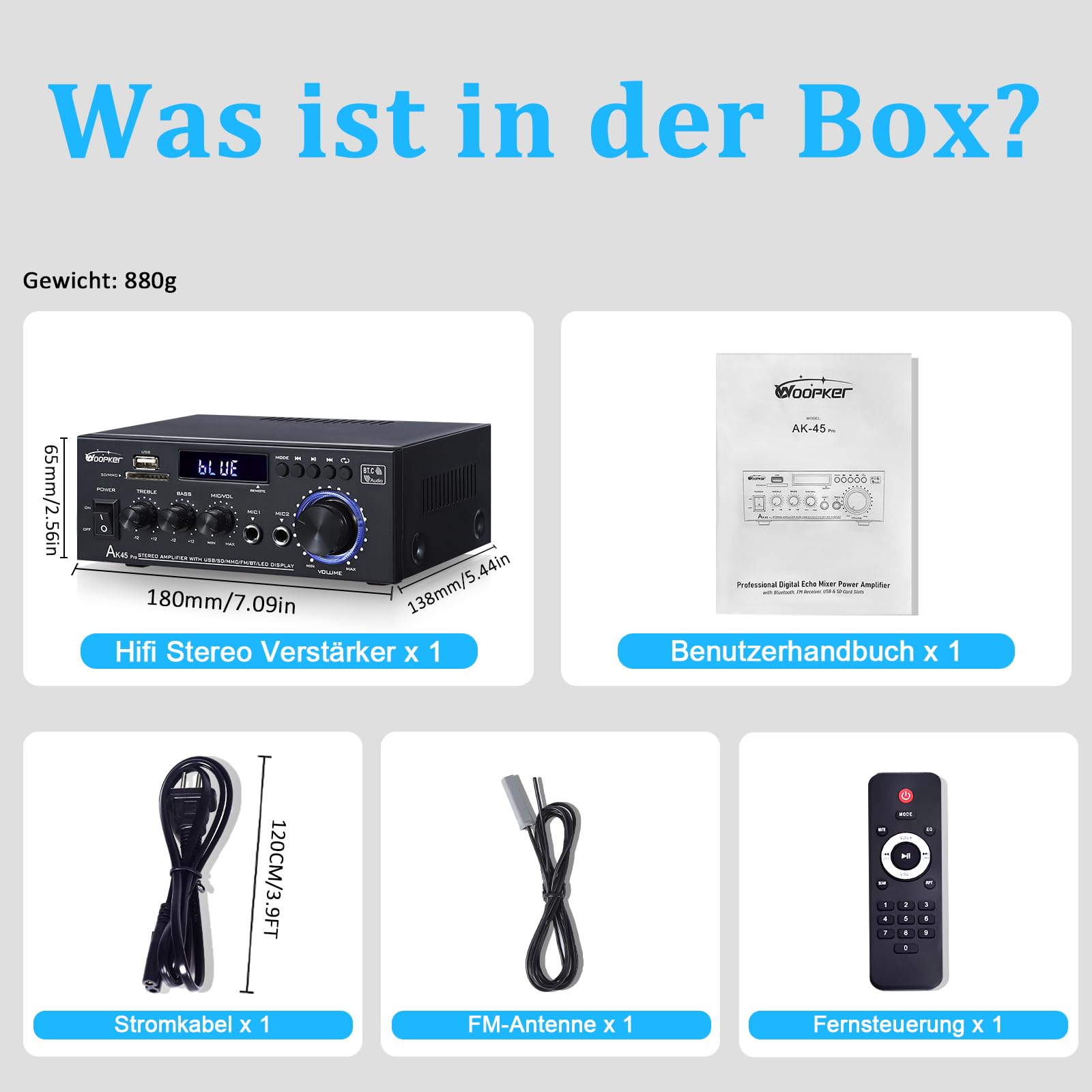 WOOPKER Wzmacniacz HiFi AK45 Pro Mini, Bluetooth 5.0, wzmacniacz stereo, 2-kanałowy wzmacniacz audio AV, odbiornik tonów wysokich i niskich z USB/RCA/MIC/Radio FM