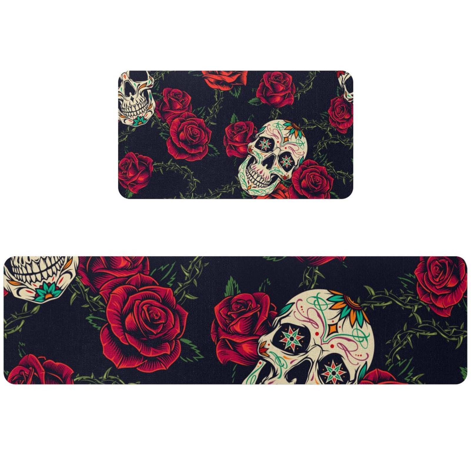Alfombrillas de cocina lavables y seguras con base antideslizante y diseño de calaveras