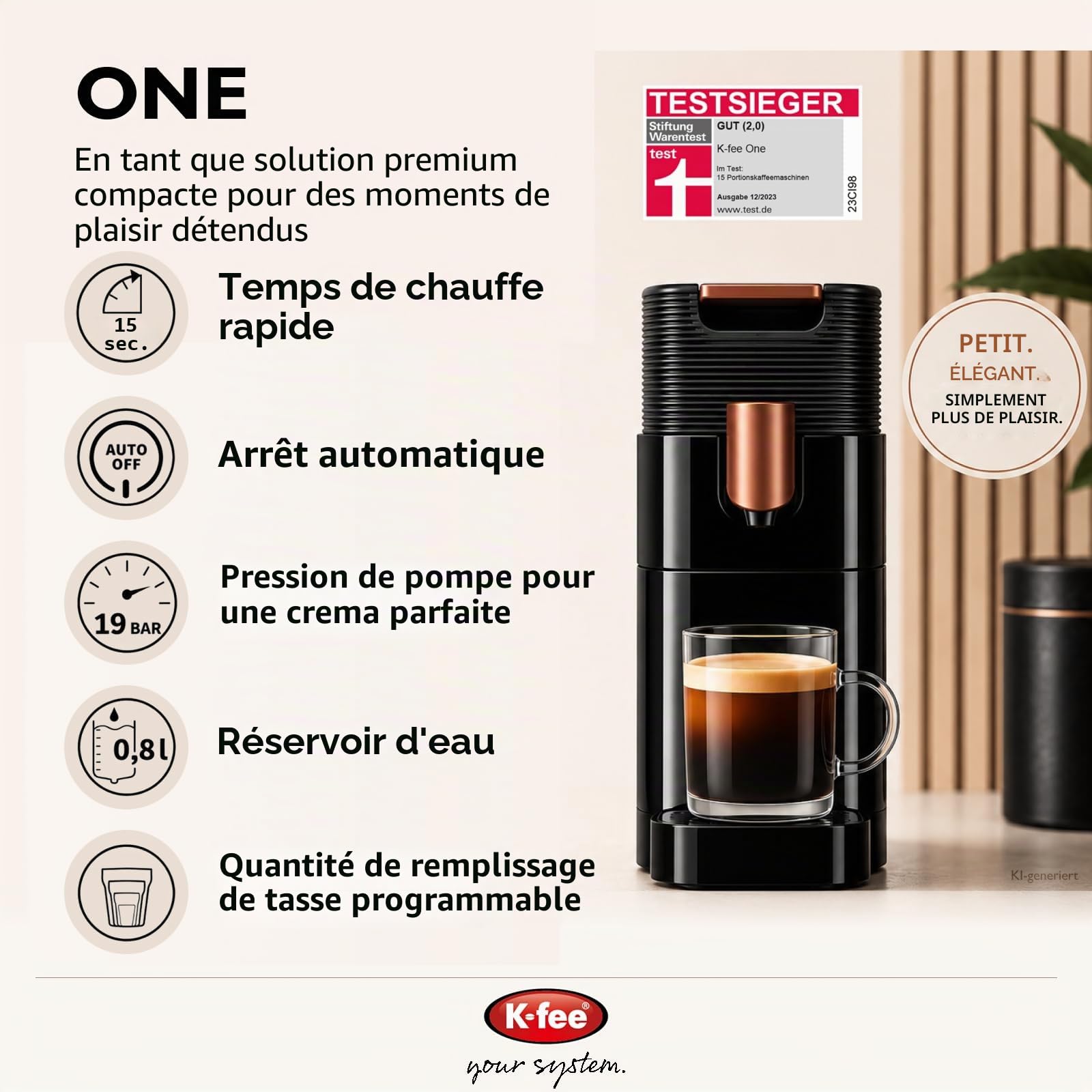 K-fee ONE Machine à capsules pour café, thé et cacao | Machine à café compacte | Chauffage rapide | Réservoir d'eau de 0,8 l | 19 bar | Cuivre noir | Vainqueur du test Stiftung Warentest 2023