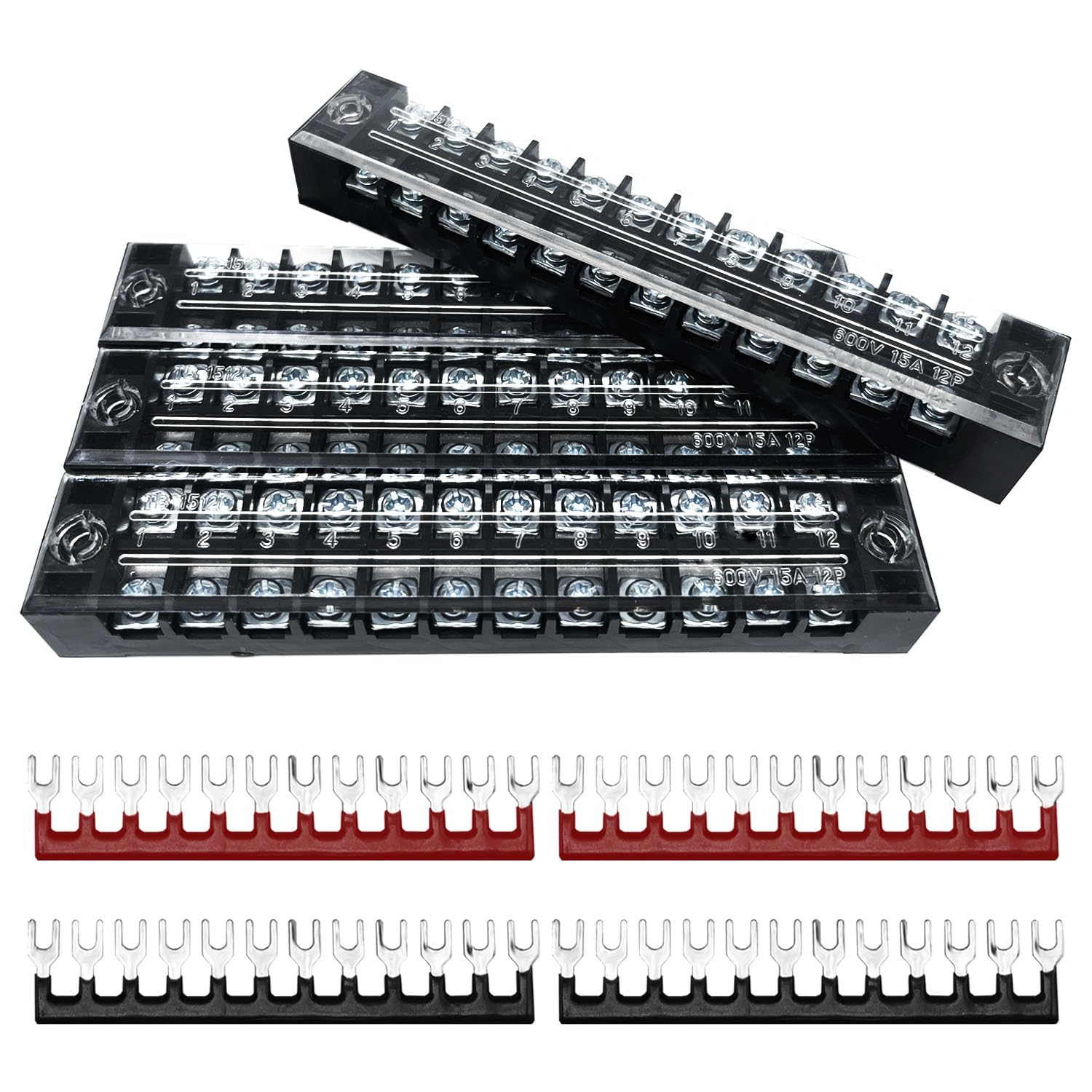 Tmyjfjingxi 4 Sets 12 Positions 600V 15A Terminal Blocks Ground Circuit Dual Row Bus Bar Wire Screw Terminal Block Kit with Cover 600V Pre Insulated
