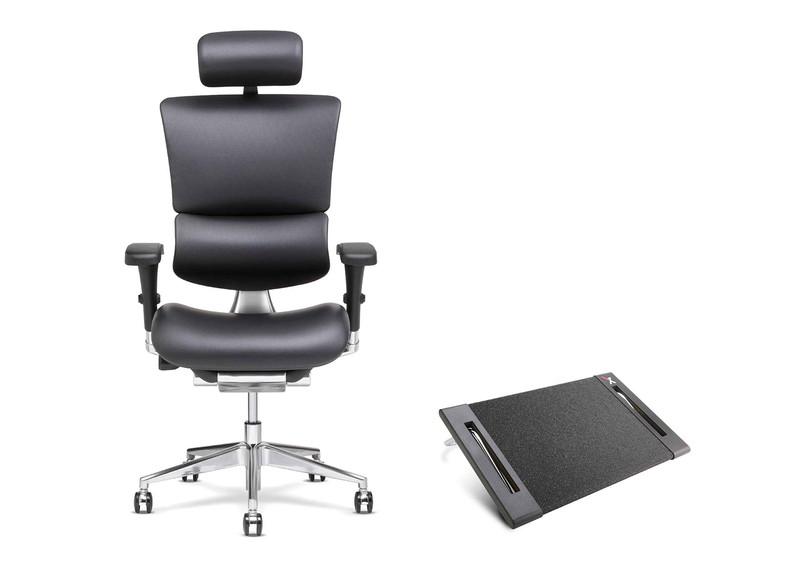 X-Chair X4 High-End Executive Chair, Black Leather with Headrest Desk Seat & 3" Ergonomic Adjustable Under Desk Footrest