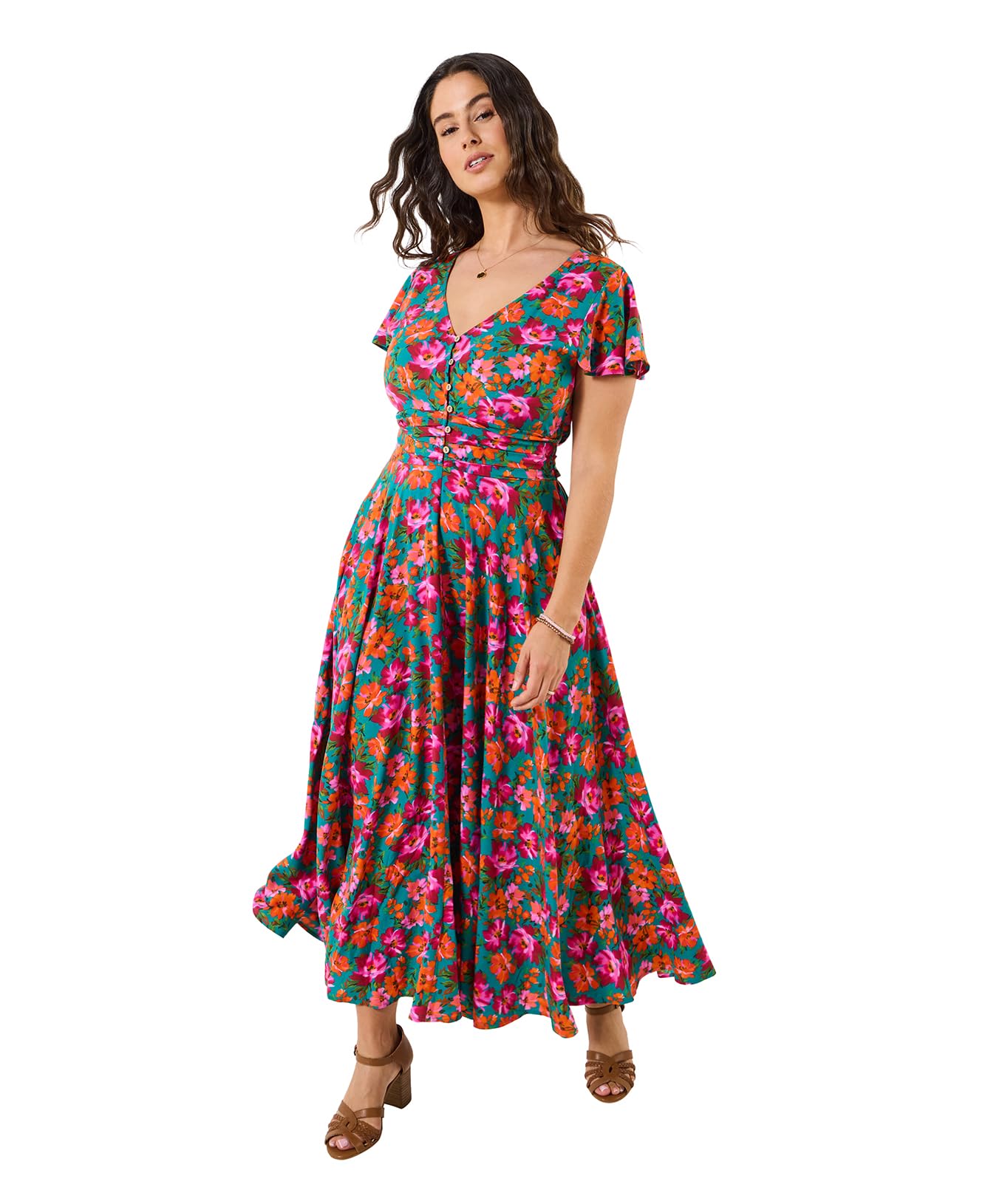 Joe Browns Womens Bold Floral Button Front Maxi Dress, Teal, 16 Petite UK