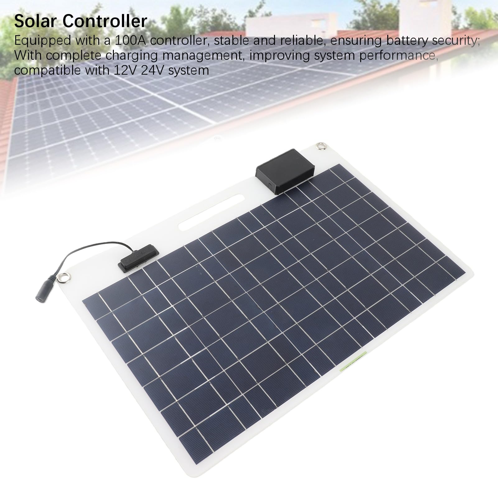 Pannello Solare da 100 W, Pannello Solare con Tecnologia al Silicio Monocristallino, Regolatore da 100 A con Uscita 12 V-24 V con Doppie Porte USB, Protezione da Sovratensione e Supporto