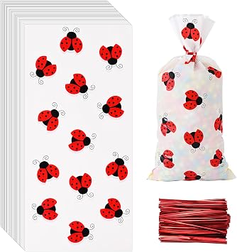 Lecpeting 100 Pcs Ladybug Treat Bags Ladybug Cellophane Candy Bags Ladybug Party Favor with Twist Ties for Theme Birthday Party Supplies