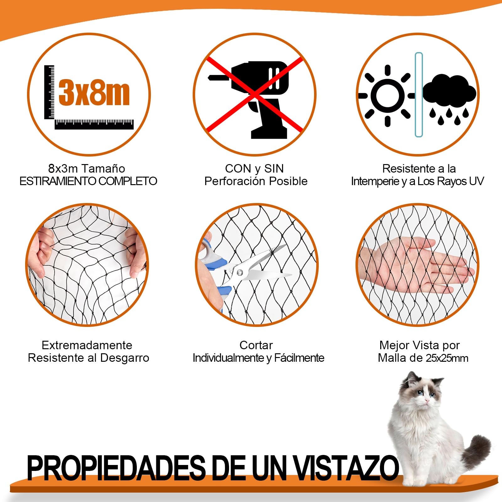 Red para Gatos Reforzada con Alambre, 8x3m Red Protección para Gatos Terraza de sin Taladro para Balcones, Ventanas, Tragaluces y Puertas