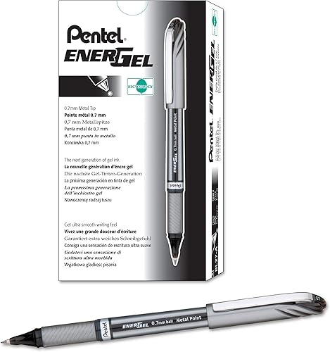 Pentel EnerGel NV Liquid Gel Pen, (0.7mm), Medium Line, Capped, Metal Tip, Black Ink, Box of 12 (BL27-A)