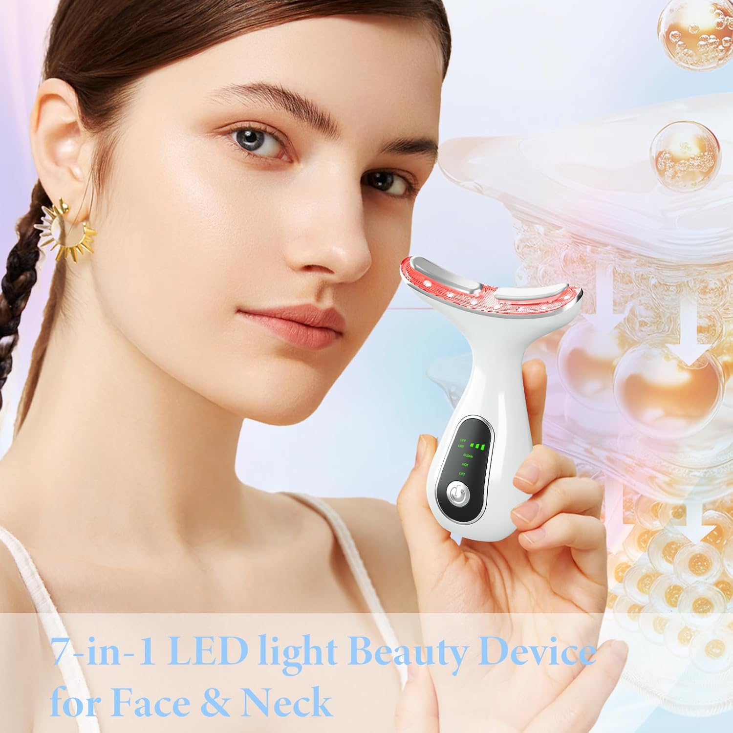 Facial Massager 7 Color Face Lift Device for Face and Neck Massage with 113F & Vibration & Clean 3-in-1 Multifunctional Wand for Skin Care (White)