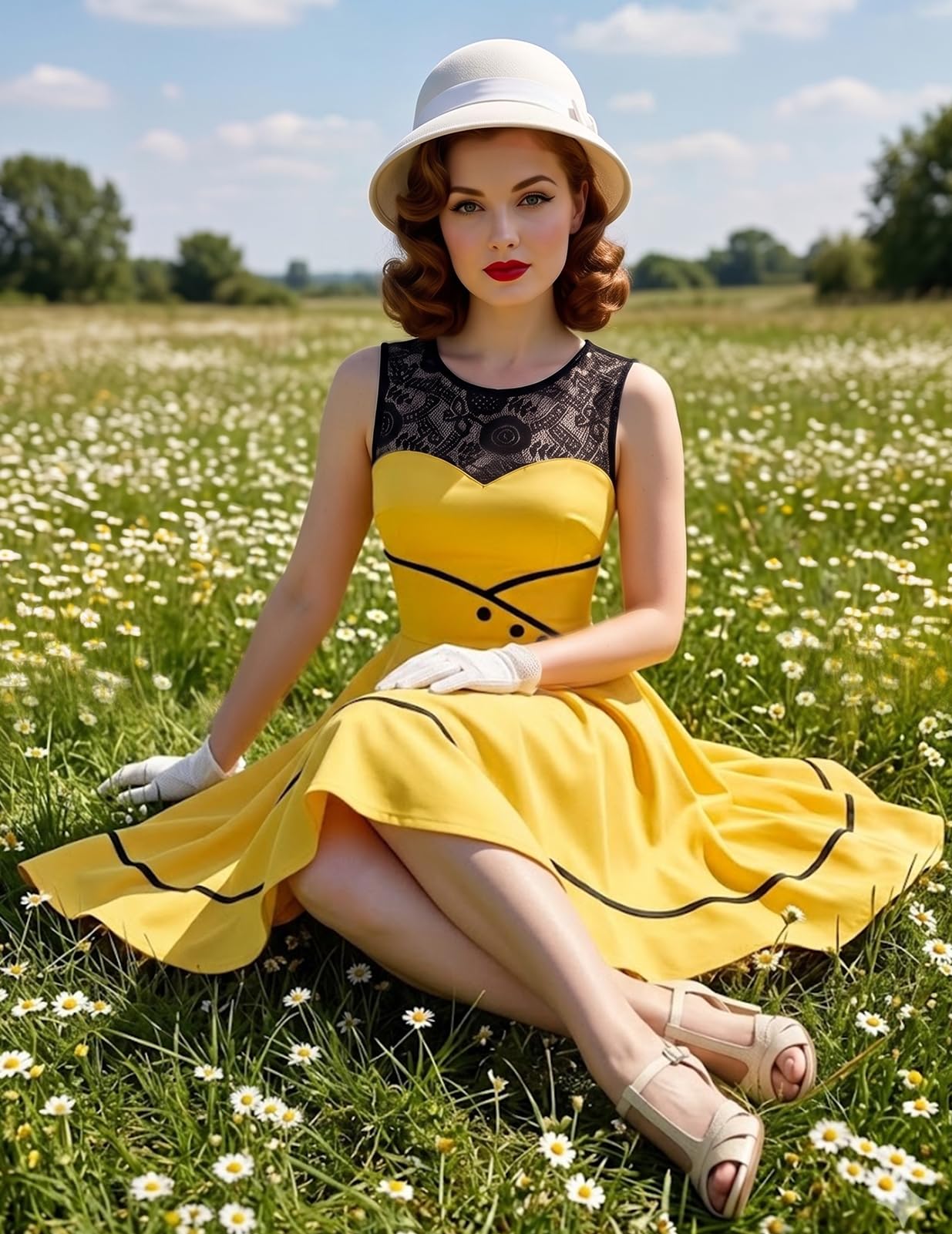 Bbonlinedress Abito da Cocktail da Donna Abito in Pizzo Rockabilly Gonna a Pieghe Vintage retrò Anni '50 Elegante Scollo Tondo Senza Maniche
