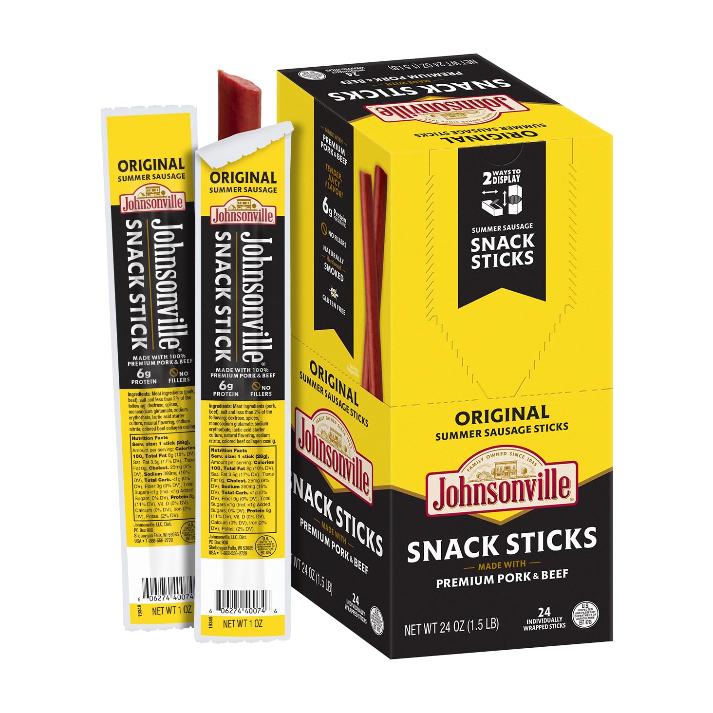 Johnsonville Summer Sausage Snack Sticks - Dairy Free, Gluten Free Protein Snacks, Jerky Snack Packs - Original, 1 oz., 24-Pack