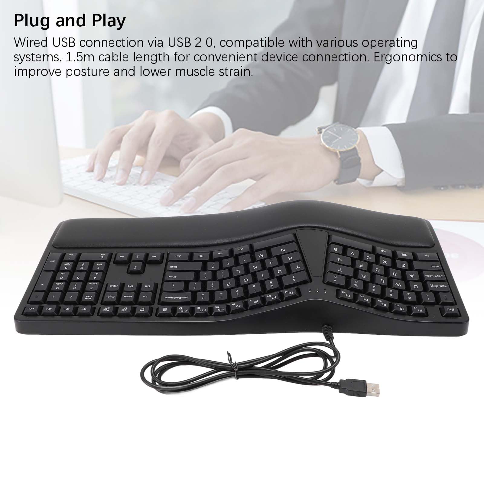 Haofy Tastiera Cablata USB Comoda Ergonomica con Riposo Palmo e Design Diviso Digitazione Efficiente