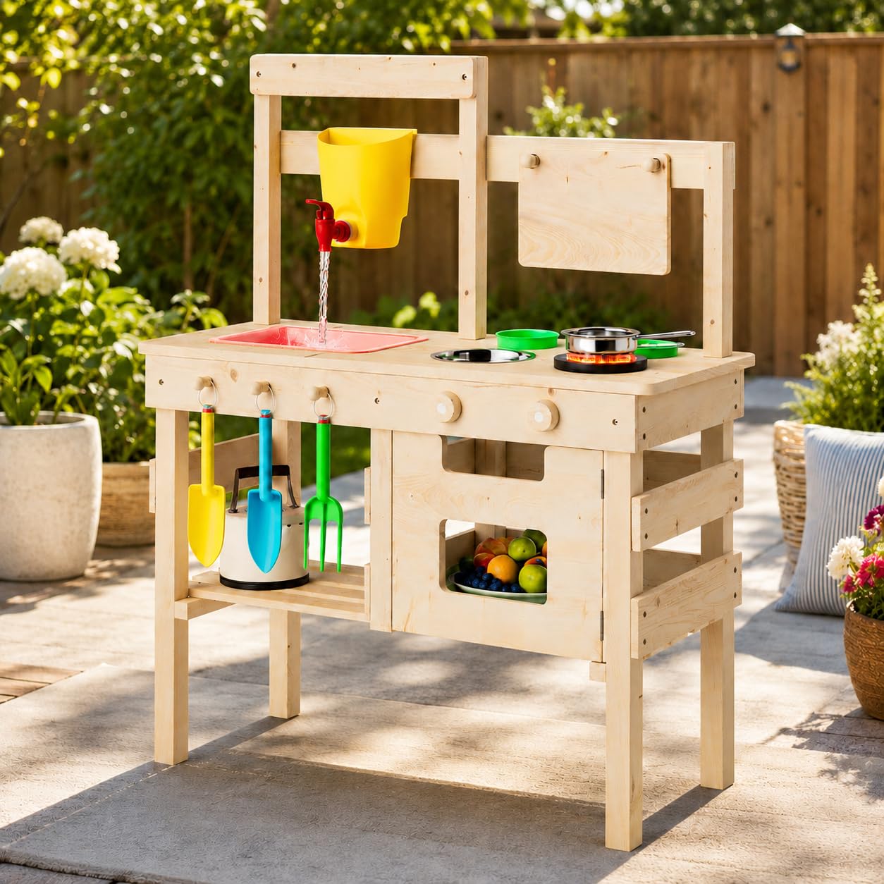 Outdoor Play Kitchen for Kids, Mud Kitchen with Water Faucet, Dual-Sided Chalkboard, Storage Shelves, Cups, Removable Sink, and Pretend Stove – Backyard Toddler Playset for Boys and Girls