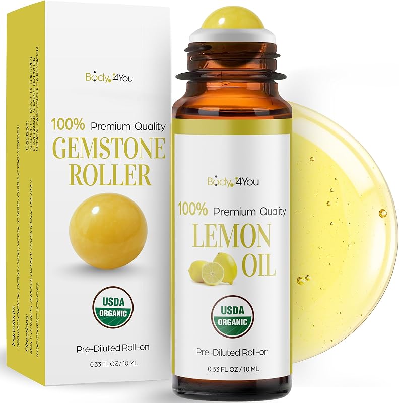 BodyJ4You Roll-on de óleo essencial de limão, frasco de vidro âmbar com esfera de jade amarela, 10 mL