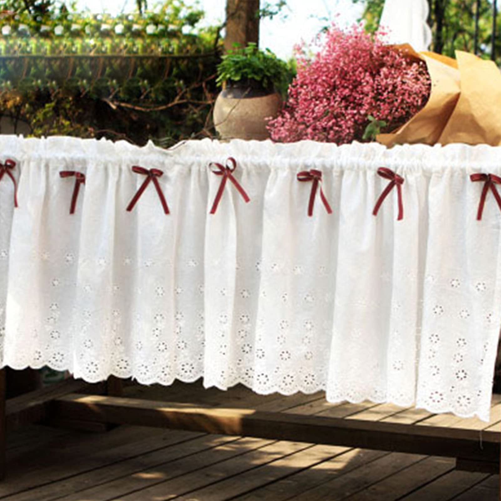 Cortinas rUrEu de encaje para ventanas pequeñas de cocina y estanterías en color rojo