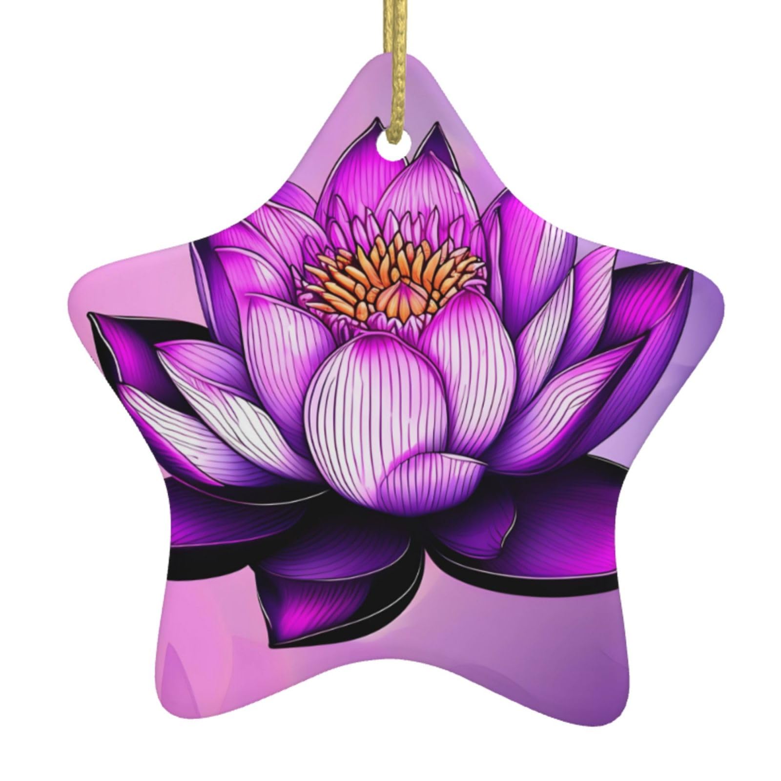 Purple Lotus Christmas Ceramic Star Pendant with Punched Holes and Gold Wire Rope, Christmas Tree Home Decoration