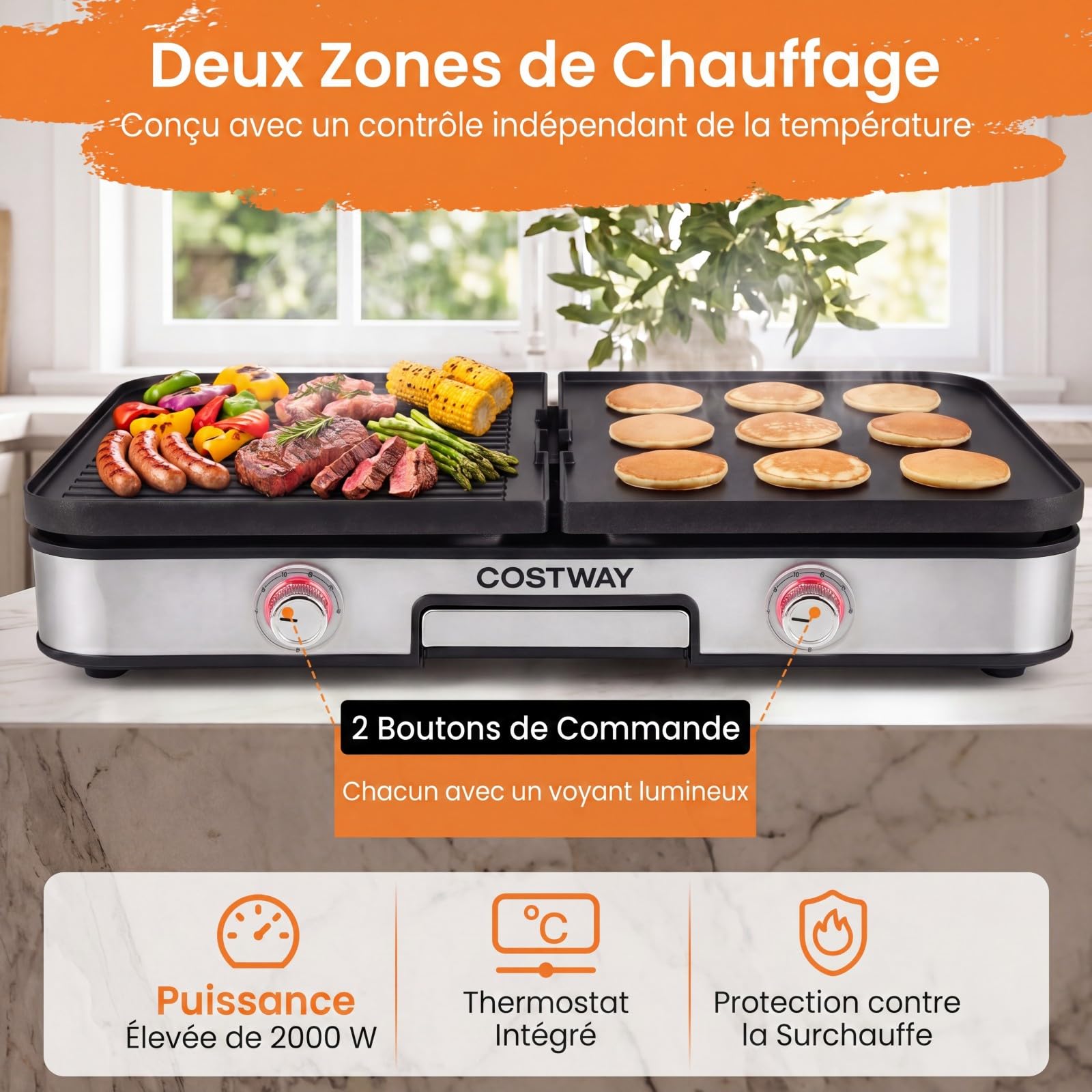 COSTWAY 3 en 1 Plancha Électrique 2000W, Double Zone, Plancha Grills avec 2 Plaques Réversibles, Protection Contre les Éclaboussures, Bac à Graisse Amovible, pour Intérieur et Extérieur