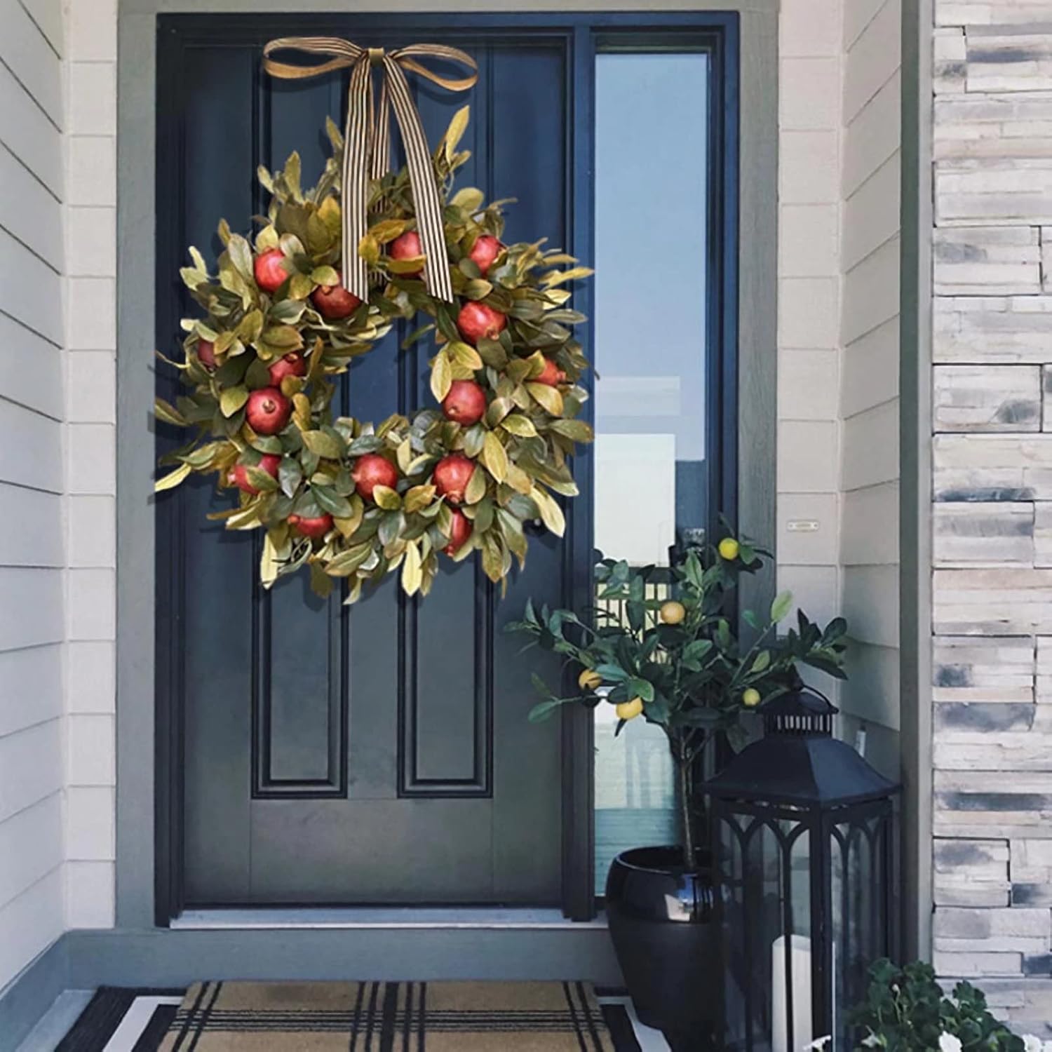 18" Thanksgiving Fall Wreath, Autumn Harvest Red Pomegranate Fruit Leaf Ribbon Wreath Holiday for Front Door Hanging Porch Home Window Wall Farmhouse Indoor Outdoor, Red Green