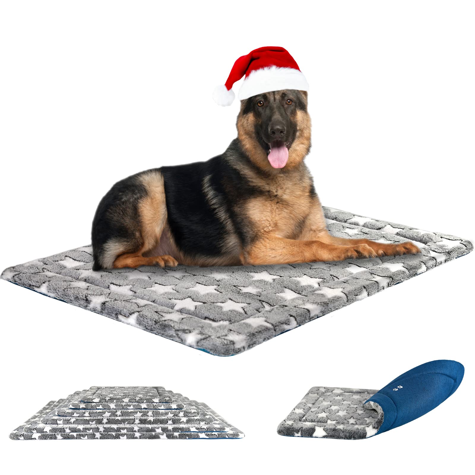 KROSER Fancy Crate Tapis de lit réversible (frais et chaud), lavable en machine, pour chiens de petite à XXXL, gris, bleu marine, motif étoiles