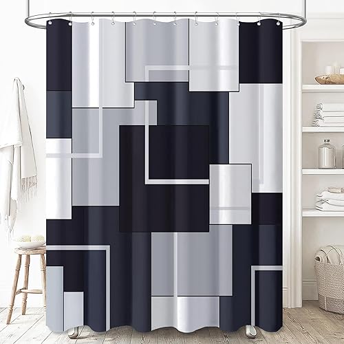 BTTN Cortina de ducha extra larga de 96 pulgadas, juego de cortina de ducha de tela geométrica abstracta con ganchos de plástico, cortinas de ducha