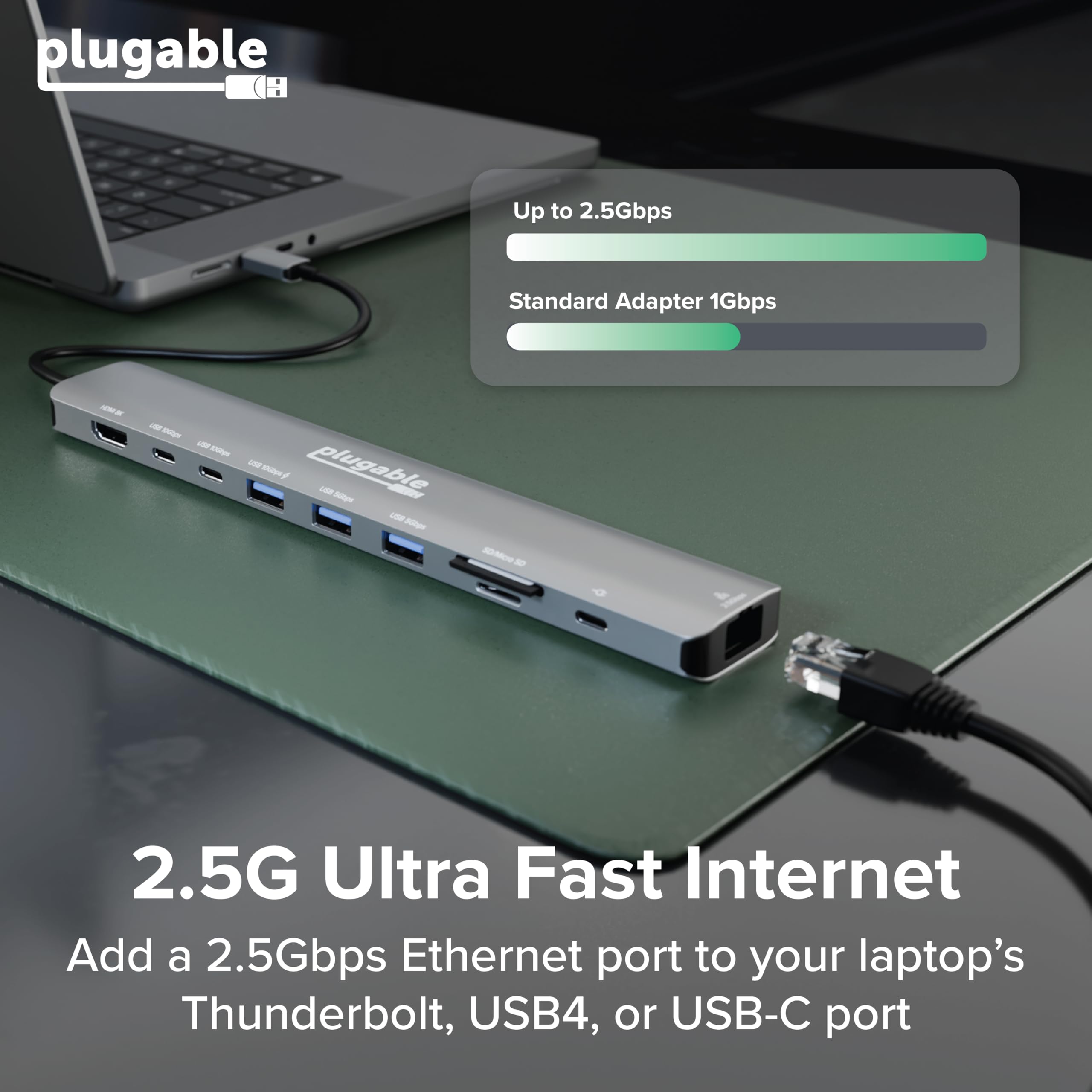 Plugable Hub USB C: adattatore multiporta 10-in-1 (8K/4K 144Hz HDMI 2.1, 2.5G Ethernet, ricarica 140W, dati 10Gbps) distribuzione IT senza driver per MacBook Pro/Air Windows Thunderbolt Chromebook