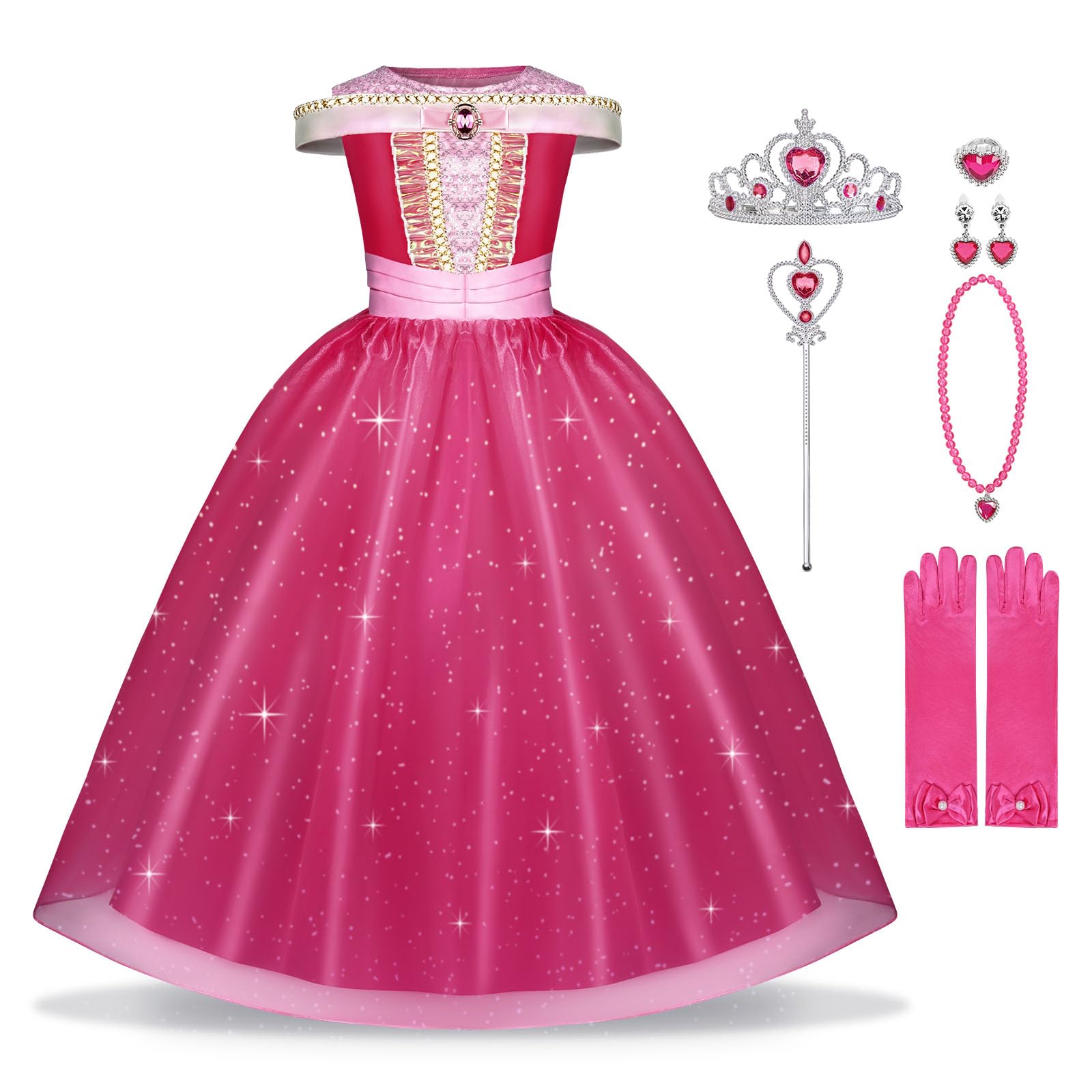 BSBUY Costumi Principessa Aurora, 6 PCS Vestito Bambina Bella Addormentata con Accessori, Abiti Rosa da Carnevale Halloween (110cm)