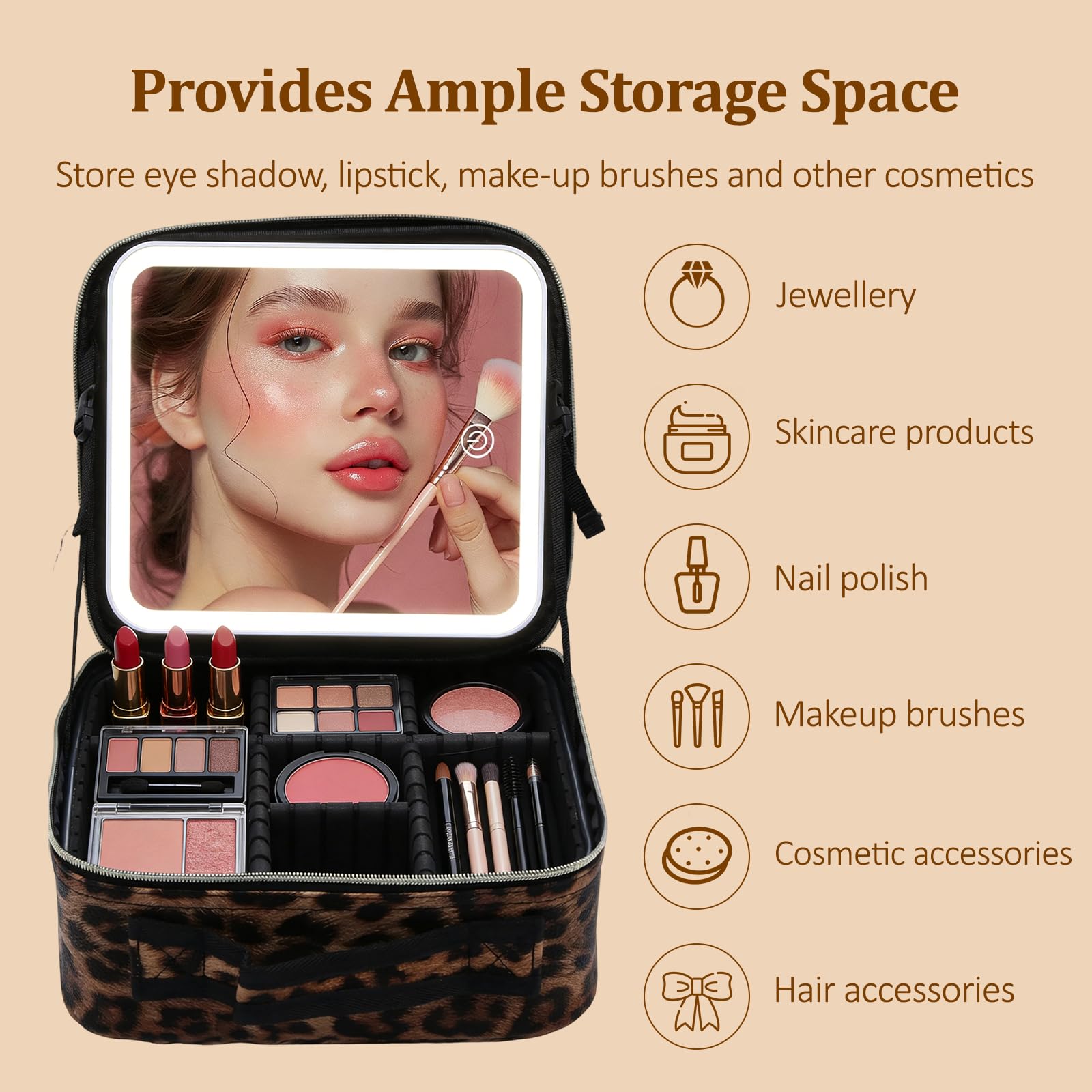 Reise-Make-up-Tasche mit LED-Spiegel, Make-up-Organizer mit verstellbarem Fach, großes Fassungsvermögen, Kosmetiktasche, 3 Farbmodi, beleuchteter Spiegel, Make-up-Tasche (Leopardenmuster)