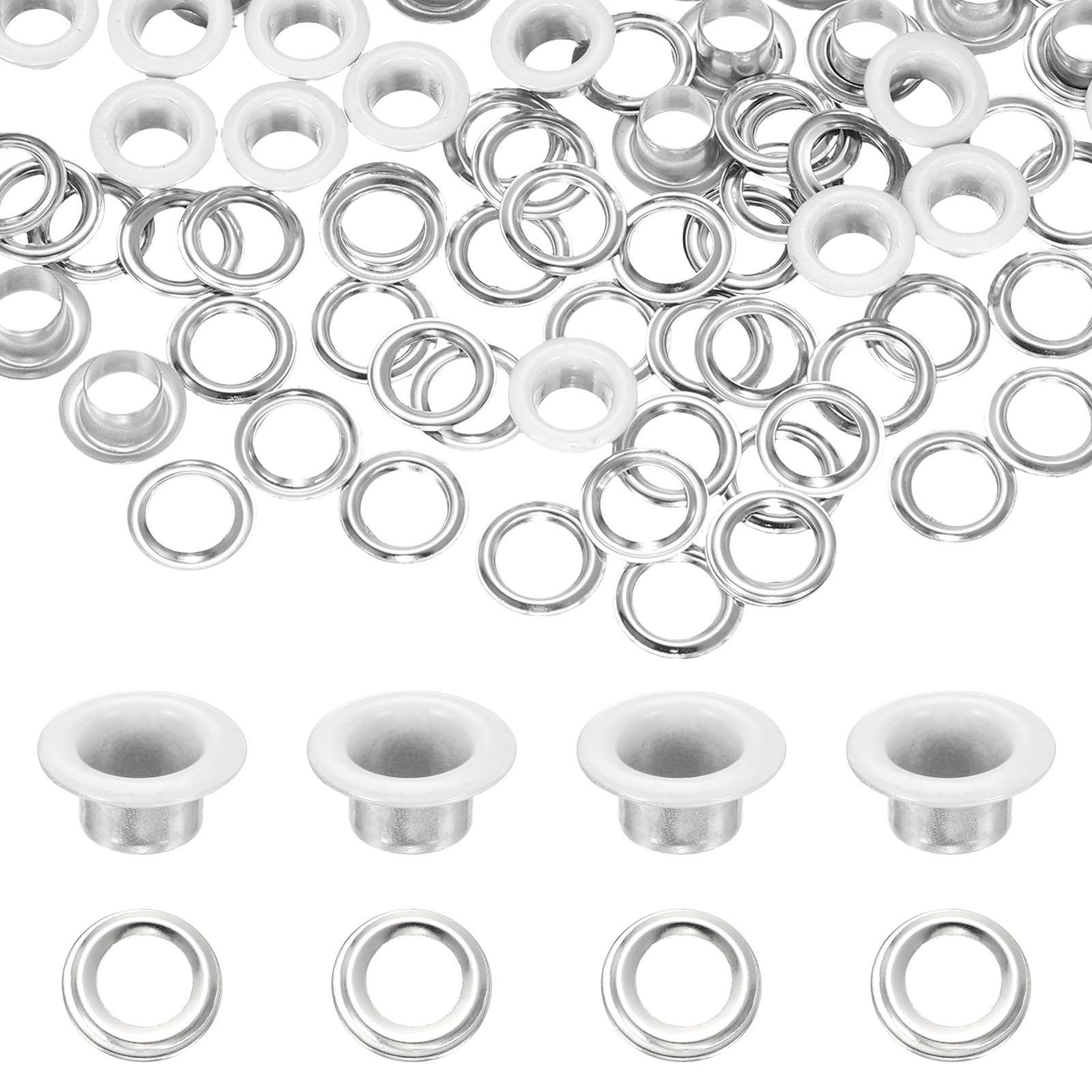 sourcing map 120 Pcs Grommets Eyelets, 6 mm Round Grommets Kit Metal Eyelets with Washers Leather Working Tools for DIY Crafts Making Clothes Bags Shoes Belts Canvas, White