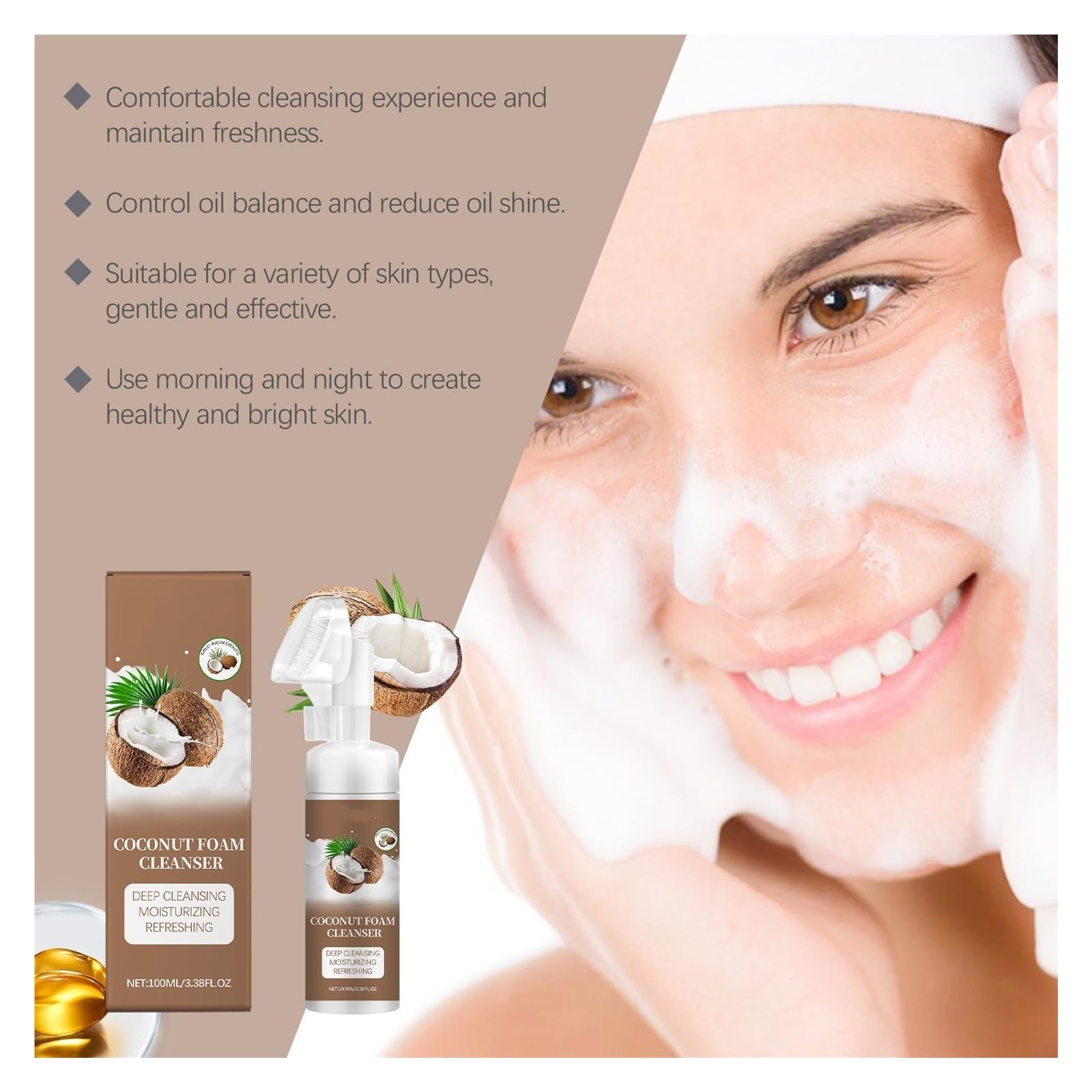 Limpiador facial de espuma de coco de 100 ml, limpia suavemente los poros, controla la grasa y deja la piel suave y flexible(2pcs)