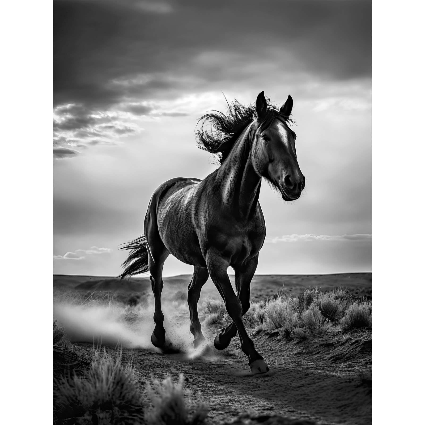 Artery8 Horse Galloping Desert Landscape Black and White Large Wall Art Poster Print Thick Paper 18X24 Inch