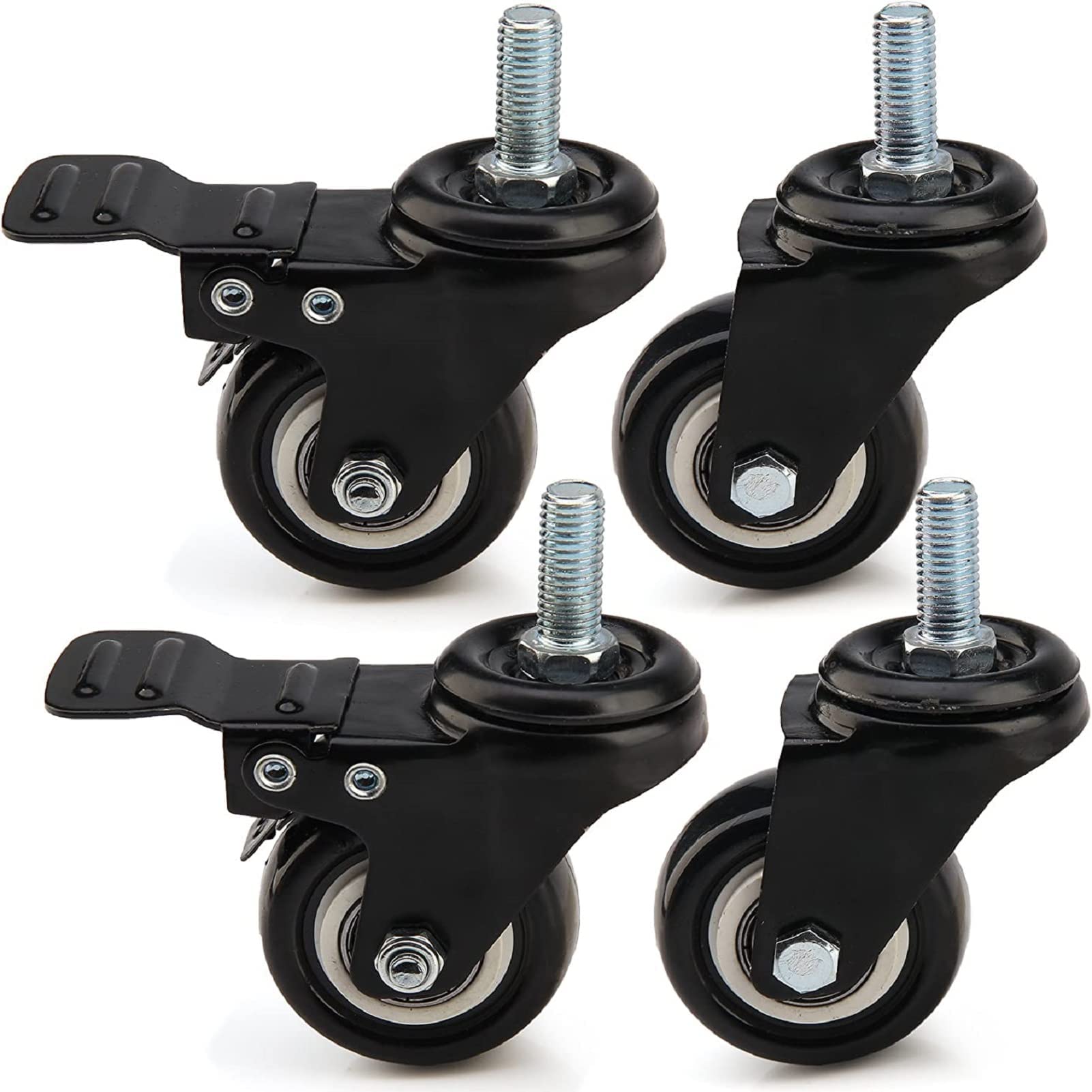 Holdfiturn 4Pcs Heavy Duty Castor Wheels Spiral Caster 50mm Rubber PU Swivel 200KG Castor Wheels Trolley Furniture Caster with Screw (Black, 2 Brakes 2 Non Brakes)