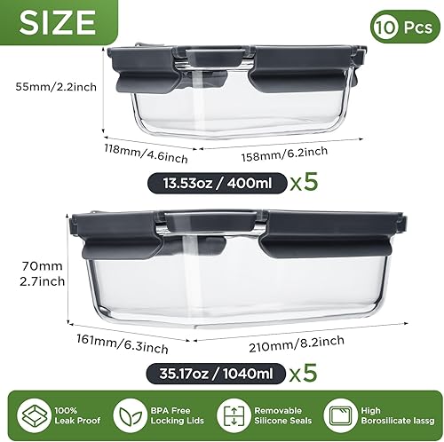 Miniatura 2 de Contenedores de vidrio para almacenamiento de alimentos con tapas, paquete de 10 36 onzas x 5 + 13.5 onzas x 5, recipiente de vidrio para