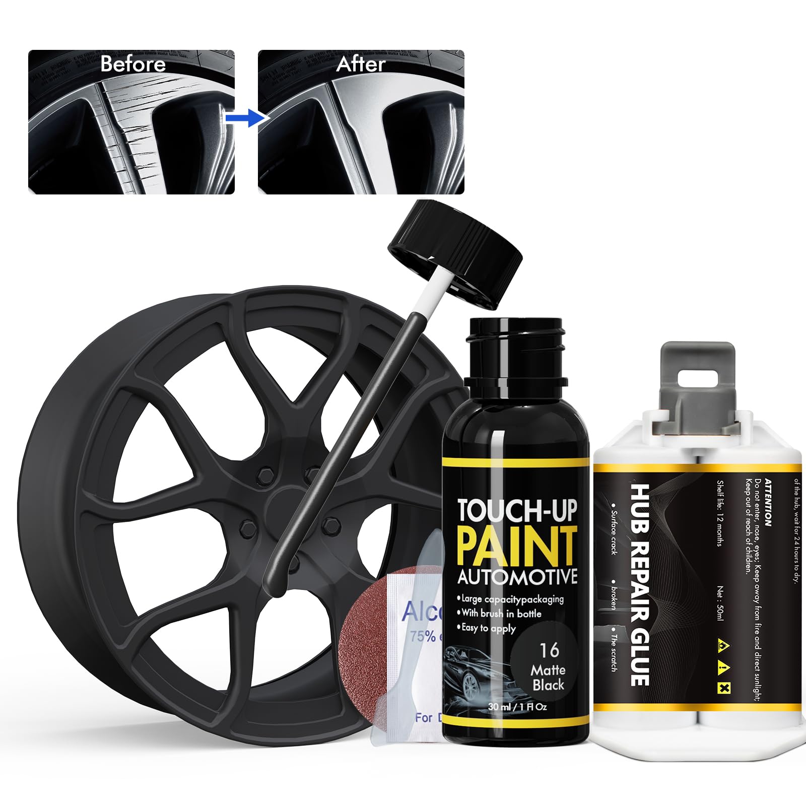 XTryfun Matte Black Rim Touch Up Paint, Rim Repair Kit Curb Rash, Wheel Touch Up Paint for Quickly Fix Rim Scratches, Chips, Curb Rashes and Surface Damage