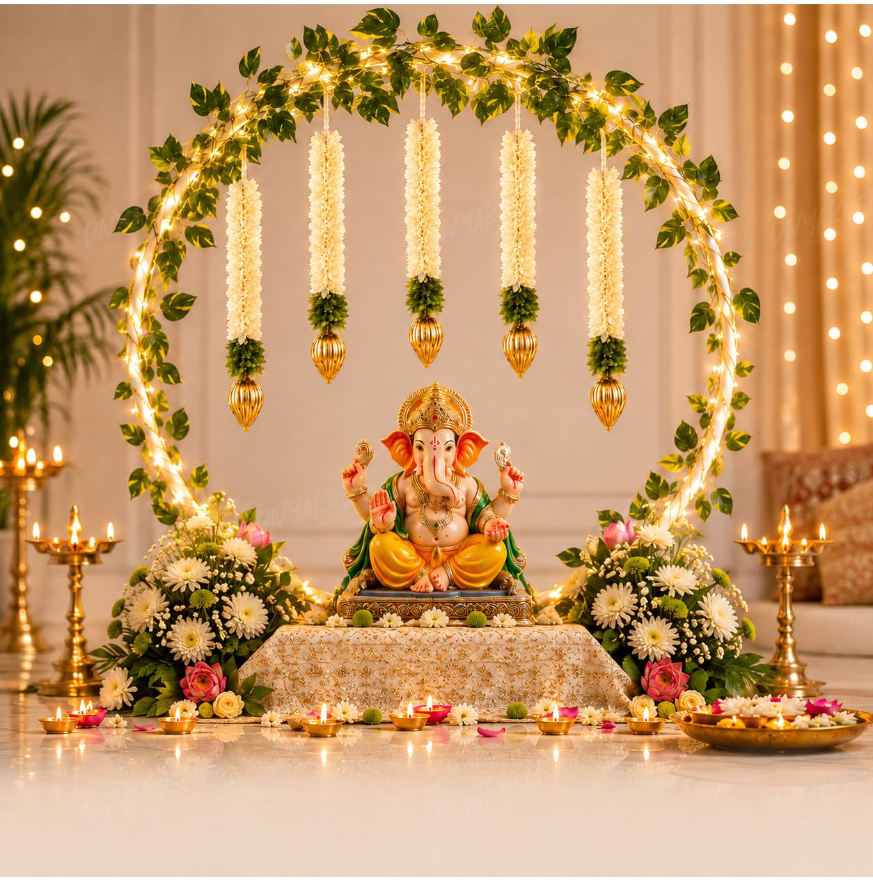 Divyakosh Ganpati Decoration Kit with Artificial Flowers Hanging - Ganesh Chaturthi Decor with DIY PVC Round Backdrop Stand, Fairy Light (5 Meter - 50 LED), Money Plant Creeper & 5 Fabric Garlands