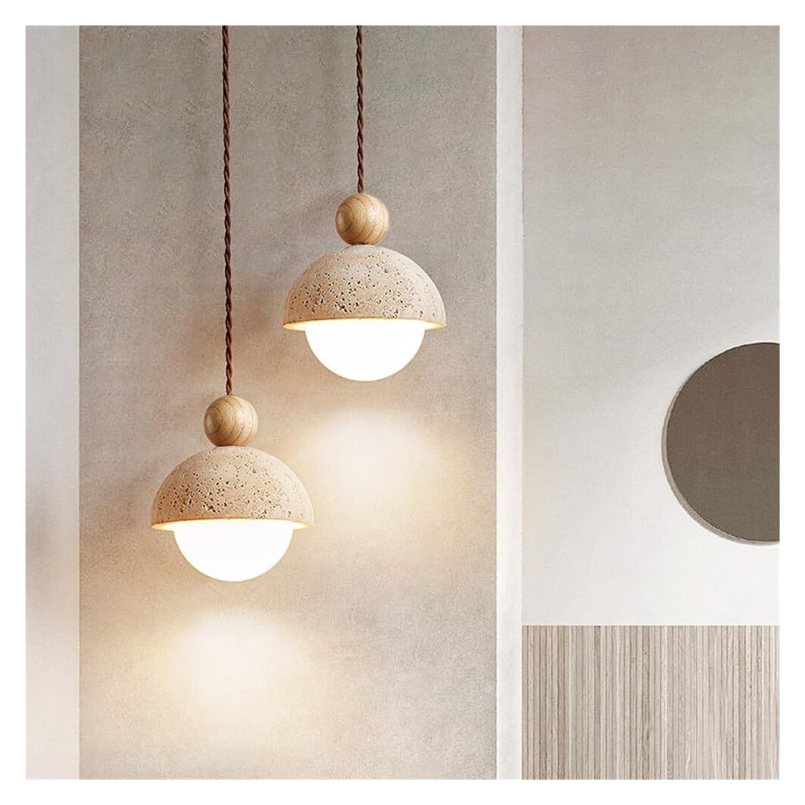 KHUKHU 2PCS Japanese Style Wabi Sabi Natural Stone Shade Spherical Pendant Light Retro Mini Pendant Lamp Nordic Pendant Light for Kitchen Island Dining Room - Solid Wood Hainging Light G9