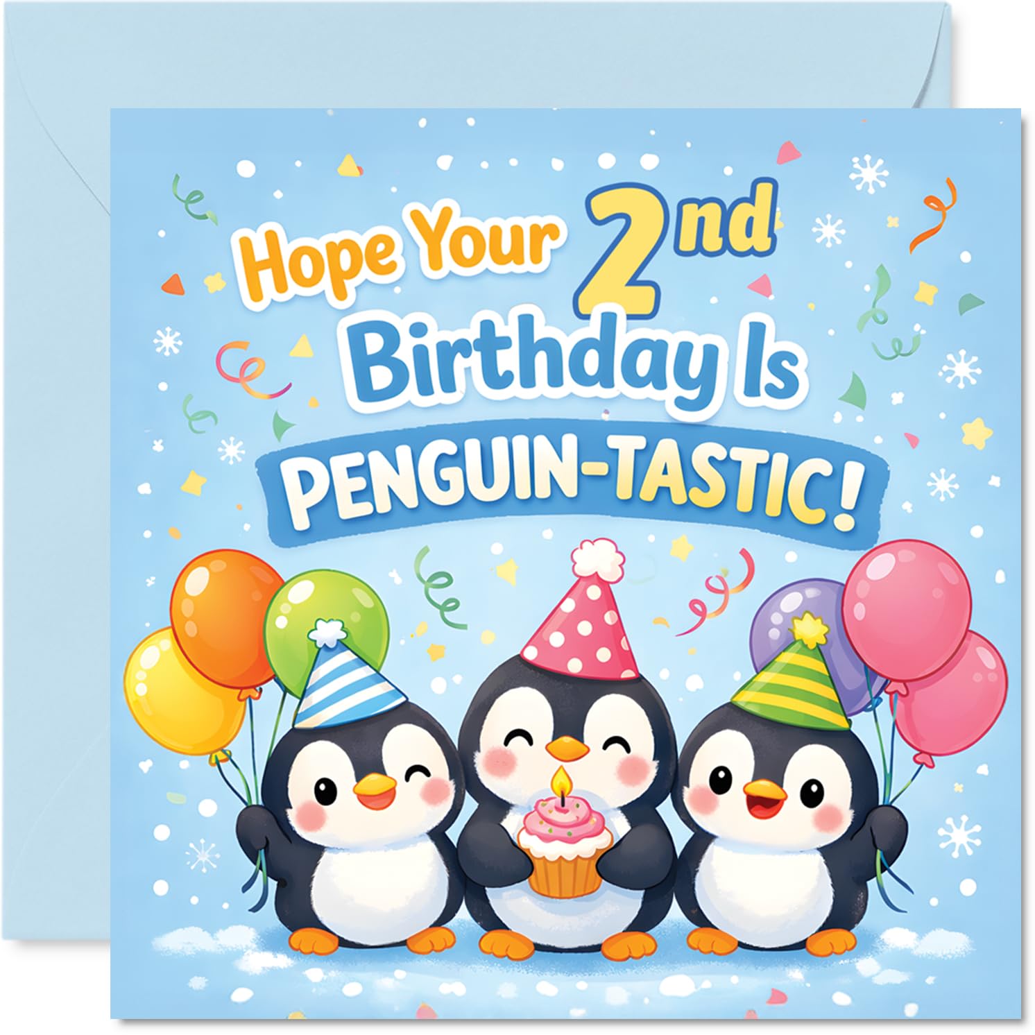 Playful 2nd Birthday Card - Party-loving Penguins with Balloons and Cake - Bright and Cheery Second Birthday Scene - 145mm Square, Envelope Included