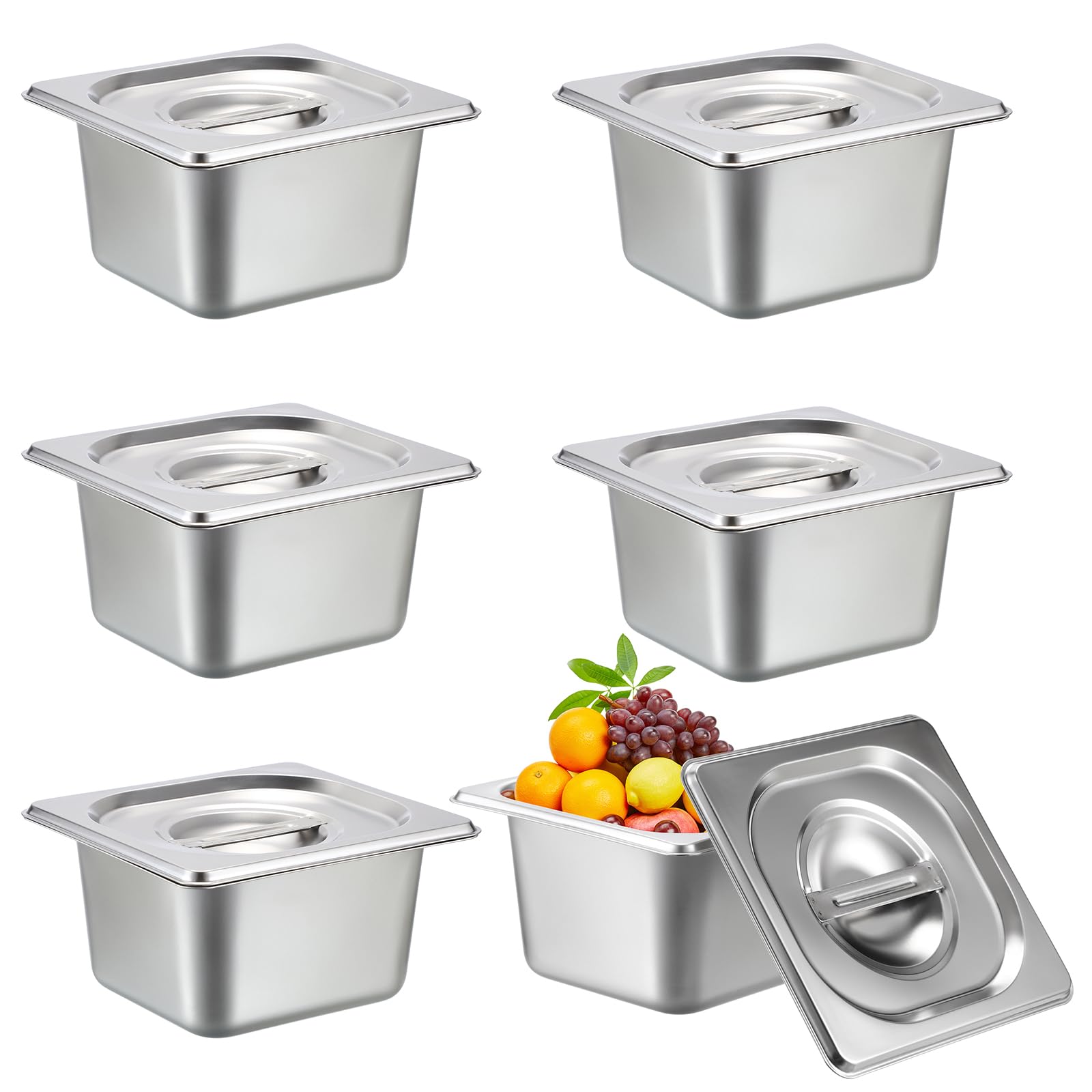 SUMNACON 6 sartenes de acero inoxidable de tamaño 1/6 con tapas, organizador de servicio de alimentos de 10 cm de profundidad, bandeja de almacenamiento de sartenes de hotel, platos de catering