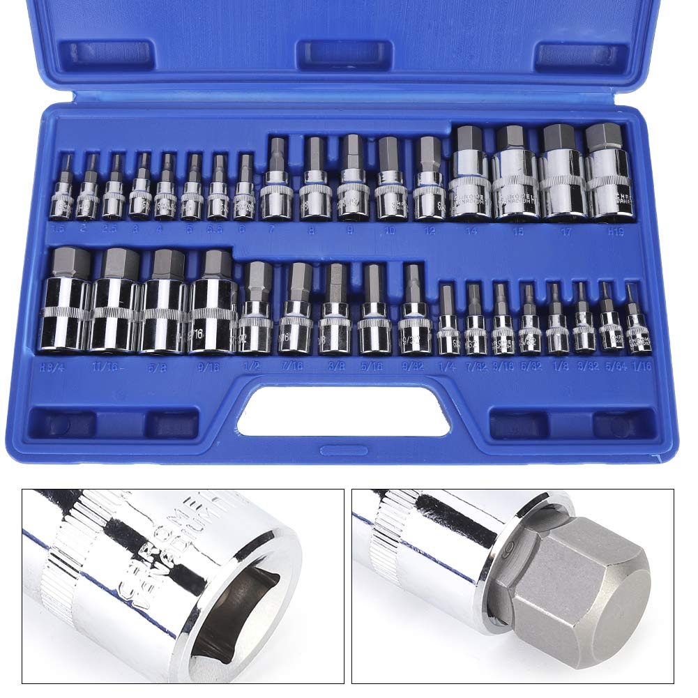 34 PCS Zestaw adaptera gniazda uderzenia, wewnętrzny sześciokątne szyder warstwowy zestaw bitów, adapter sterownika klucza nakrętki, rozmiary 1/4 ", 3/8", 1/2 cala dla śrubokręta